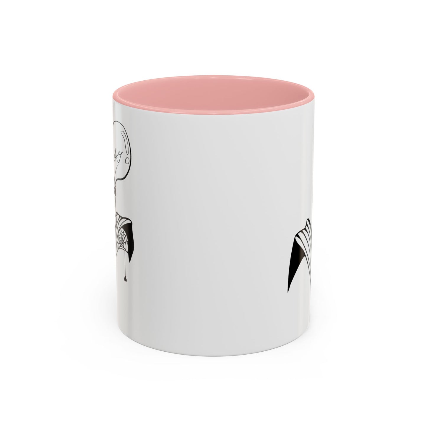 This is the Pink 11oz Storm Garden Studio Accent Coffee Mug. This is an image from the front that is color matched with the inside of the mug. On the left side a little bit of the leaf and lightbulb print can be seen. On the right only a little bit of the leaf can be seen. It is against a white background.