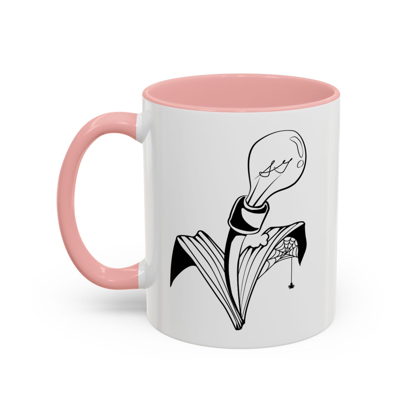 This is the Pink 11oz Storm Garden Studio Accent Coffee Mug. This is an image from the front with the handle on the left. It is color matched with the inside of the mug. The Storm Garden Studio logo is printed in black and white in the middle. The logo is a lightbulb screwed onto a plant with two leaves. One leaf is bitten through, has a spiderweb and a spider. It is against a white background.