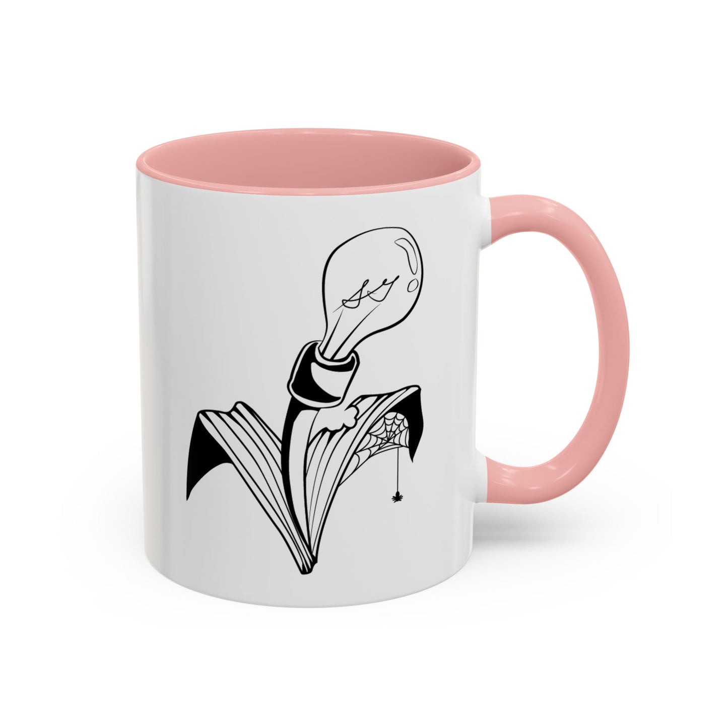 This is the Pink 15oz Storm Garden Studio Accent Coffee Mug. This is an image from the front with the handle on the right. It is color matched with the inside of the mug. The Storm Garden Studio logo is printed in black and white in the middle. The logo is a lightbulb screwed onto a plant with two leaves. One leaf is bitten through, has a spiderweb and a spider. It is against a white background.