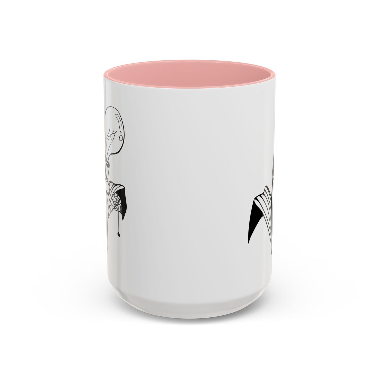This is the Pink 15oz Storm Garden Studio Accent Coffee Mug. This is an image from the front that is color matched with the inside of the mug. On the left side a little bit of the leaf and lightbulb print can be seen. On the right only a little bit of the leaf can be seen. It is against a white background.