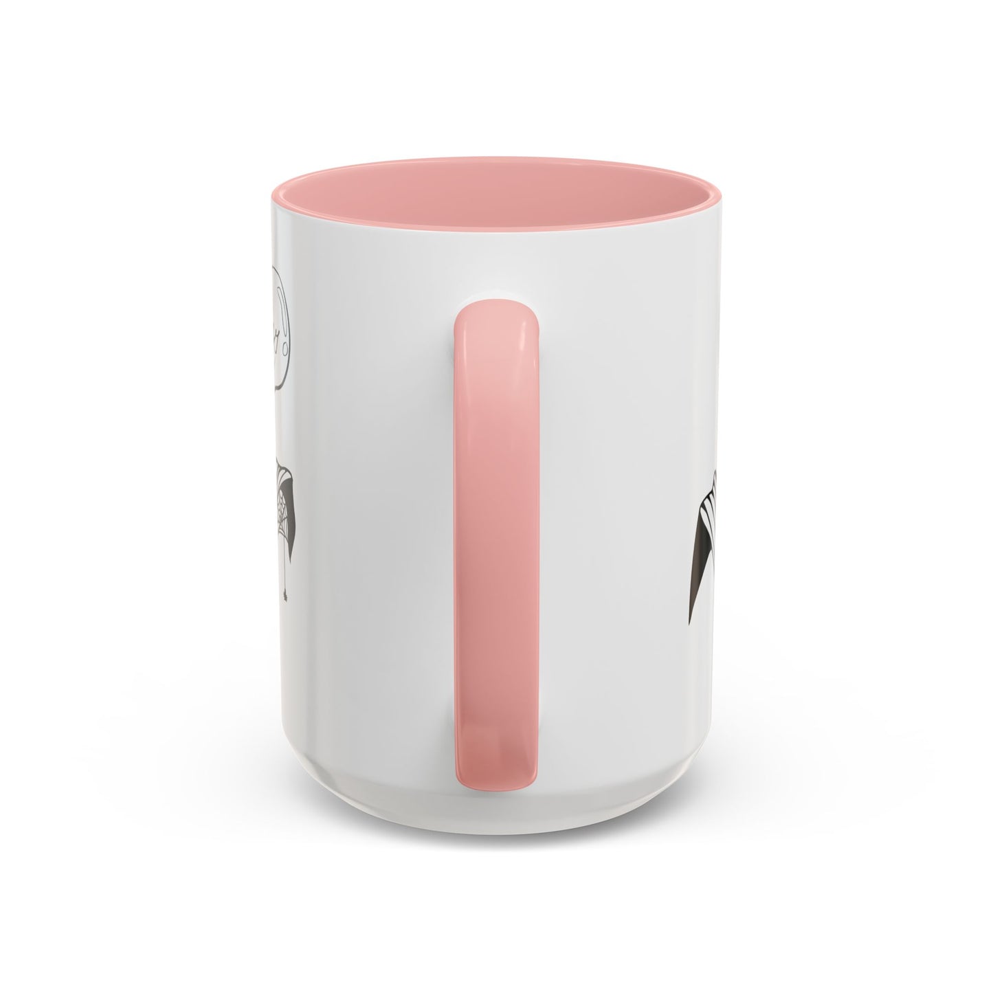 This is the Pink 15oz Storm Garden Studio Accent Coffee Mug. This is an image from the handle that is color matched with the inside of the mug. On the left side a little bit of the leaf and lightbulb print can be seen. On the right only a little bit of the leaf can be seen. It is against a white background.