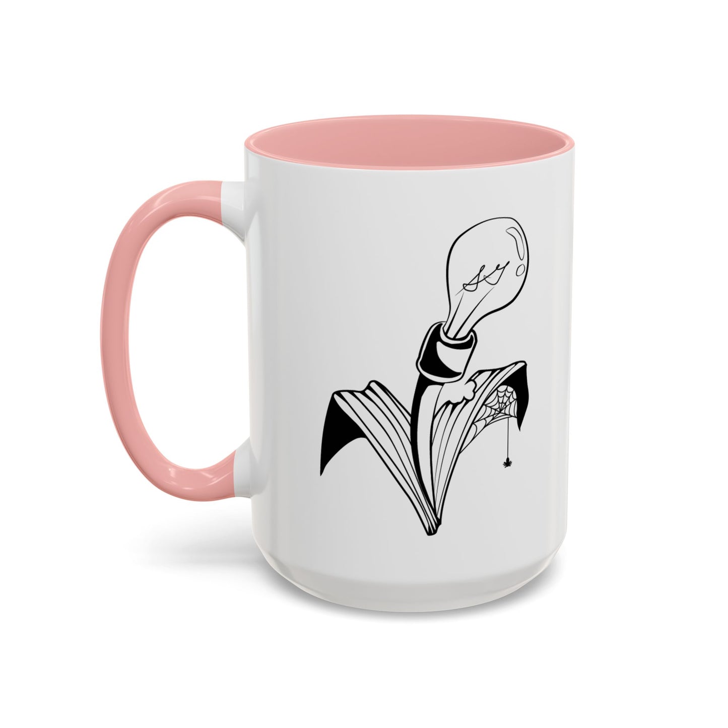 This is the Pink 15oz Storm Garden Studio Accent Coffee Mug. This is an image from the front with the handle on the left. It is color matched with the inside of the mug. The Storm Garden Studio logo is printed in black and white in the middle. The logo is a lightbulb screwed onto a plant with two leaves. One leaf is bitten through, has a spiderweb and a spider. It is against a white background.