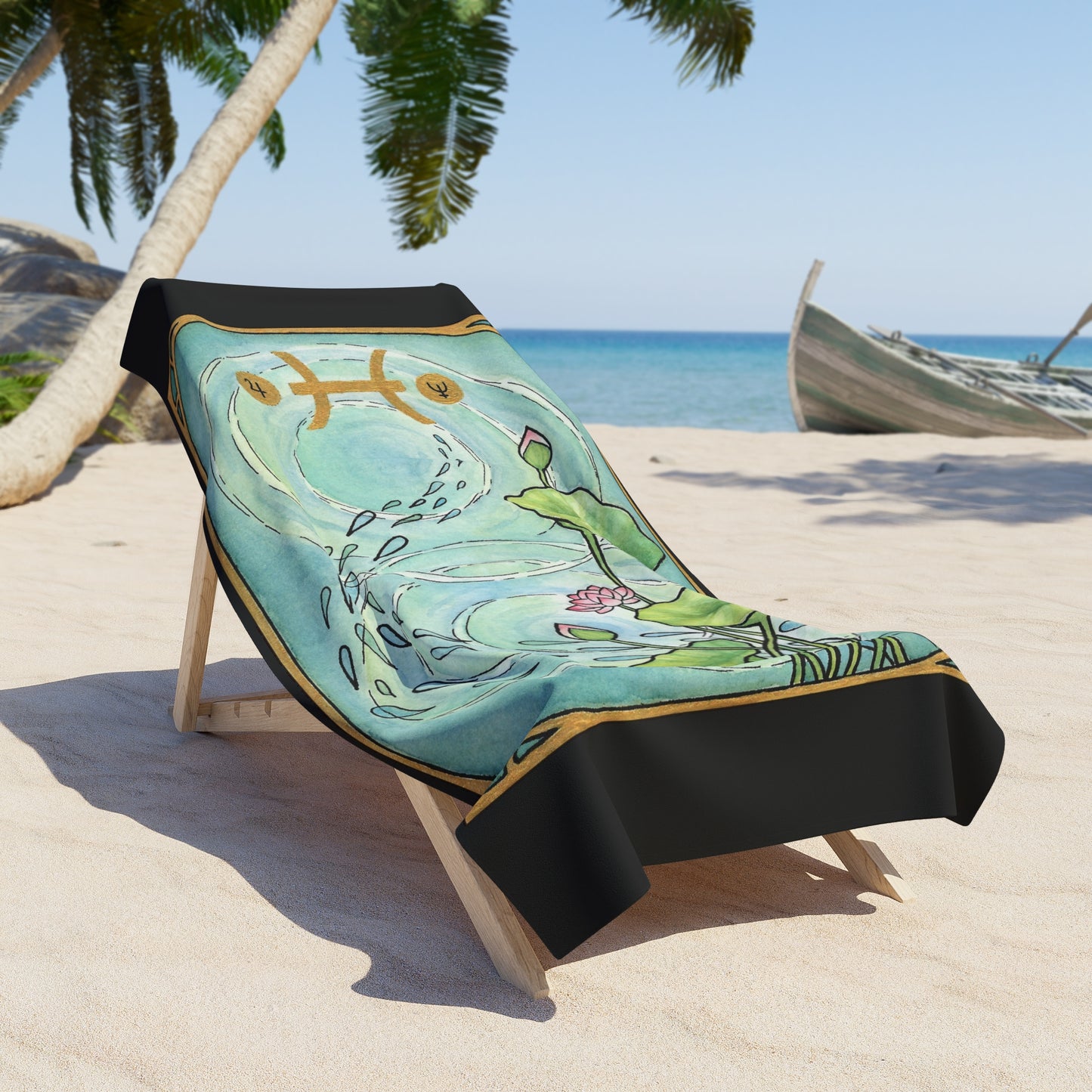This is the 30" x 60" Pisces Beach Towel by Chris Foster Design. The illustration covers most of the beach towel with a couple inches on each side. Designed like a tarot card with a gold intricate border and pisces symbol.In the background a pond that has two circular ripples,the right side has the lily flowers growing upwards with two green leaves,one blooming pink flower, two buds,and a green trail of seeds. The towel is on a beach chair, on the sand, palm tree to the left, rocks behind and a small boat.