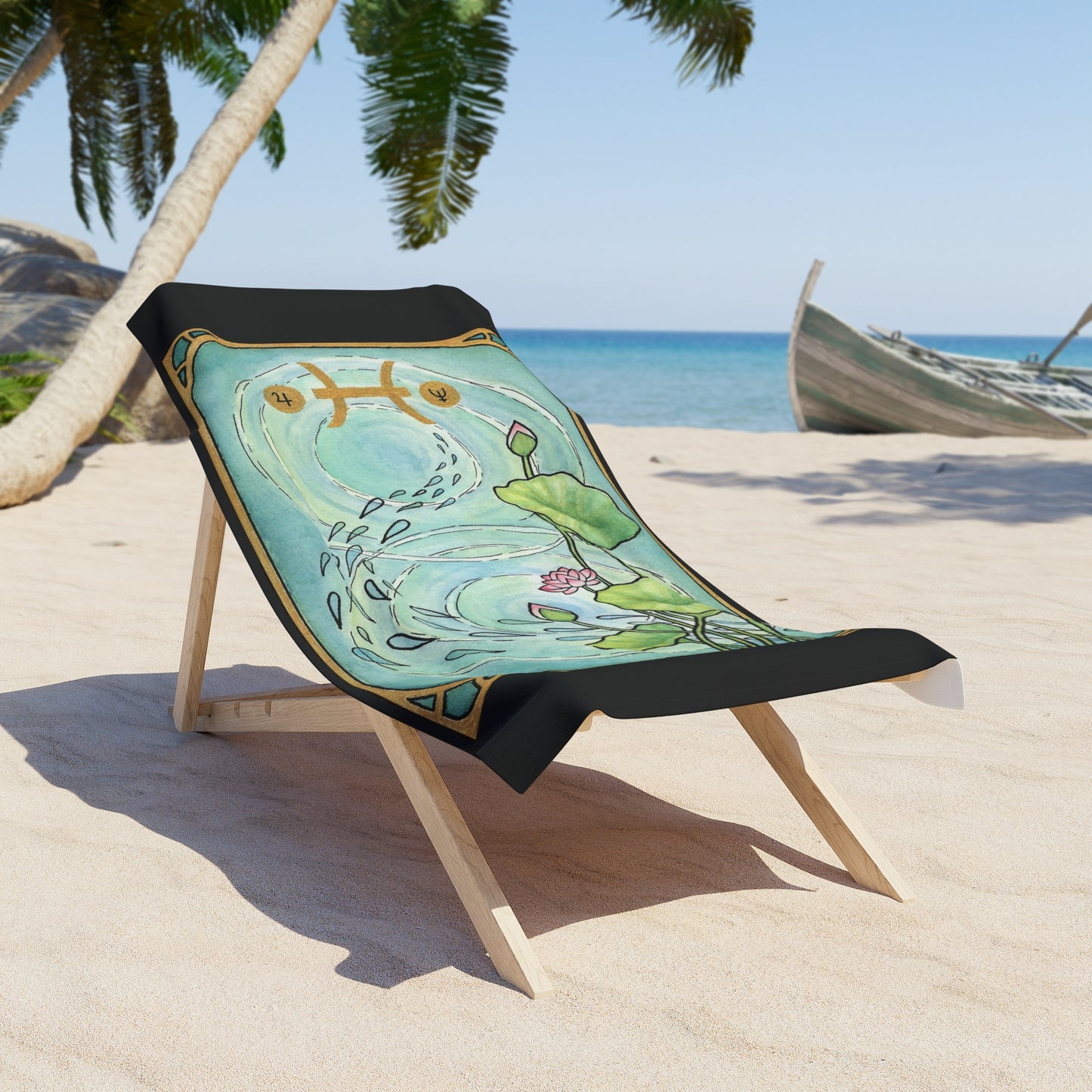 This is the 36" x 72" Pisces Beach Towel by Chris Foster Design. The illustration covers most of the beach towel with a couple inches on each side. Designed like a tarot card with a gold intricate border and pisces symbol.In the background a pond that has two circular ripples,the right side has the lily flowers growing upwards with two green leaves,one blooming pink flower, two buds,and a green trail of seeds. The towel is on a beach chair, on the sand, palm tree to the left, rocks behind and a small boat.