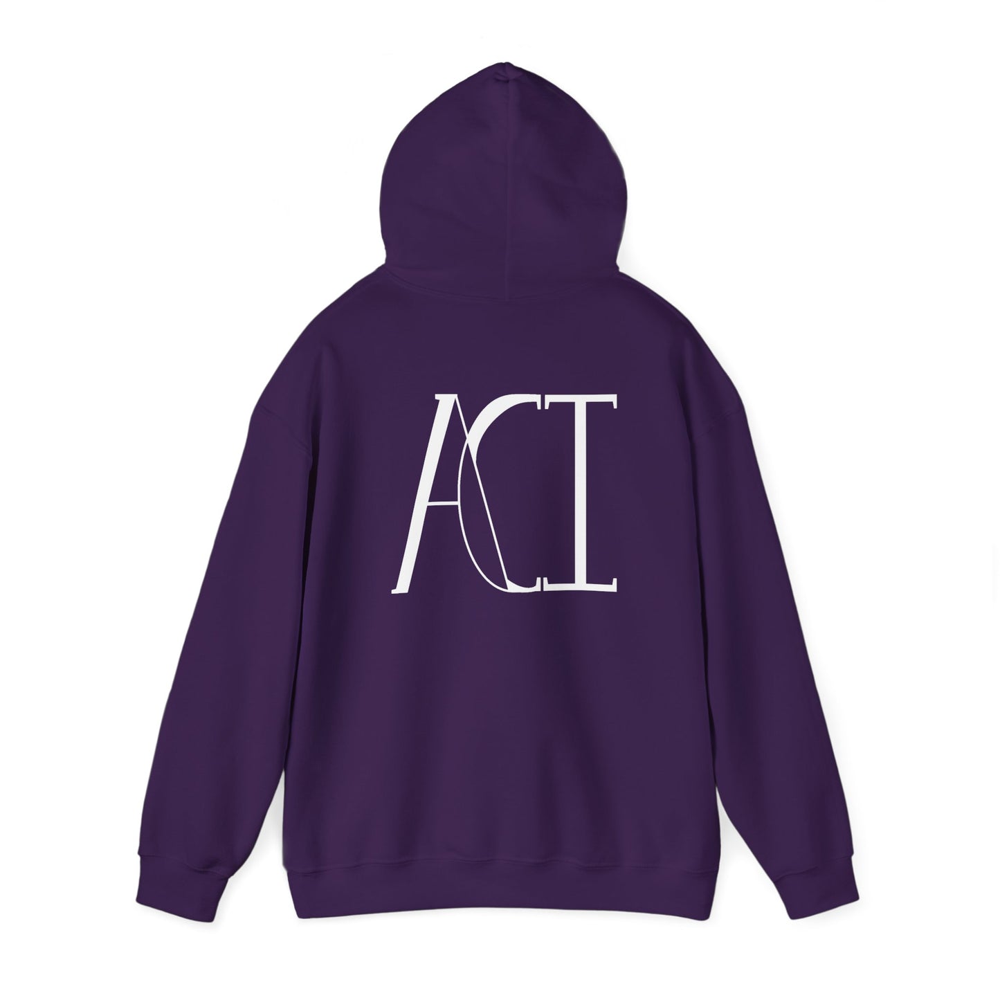 This is a purple ACI hoodie showcasing the back of it. The hood is lifted up and the ACI logo is between the shoulder blades. The logo printed is white. The sleeves and end of the hoodie have stitching by the wrist and waist areas. The rest of the hoodie is the color purple.