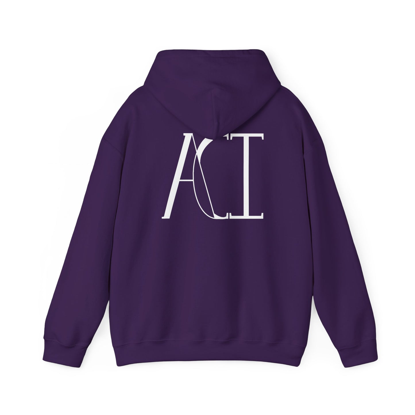 This is a purple ACI hoodie showcasing the back of it. The hood is not lifted up and the ACI logo is right below the hood. The logo is printed in white. The sleeves and end of the hoodie have stitching by the wrist and waist areas. The rest of the hoodie is the color purple.