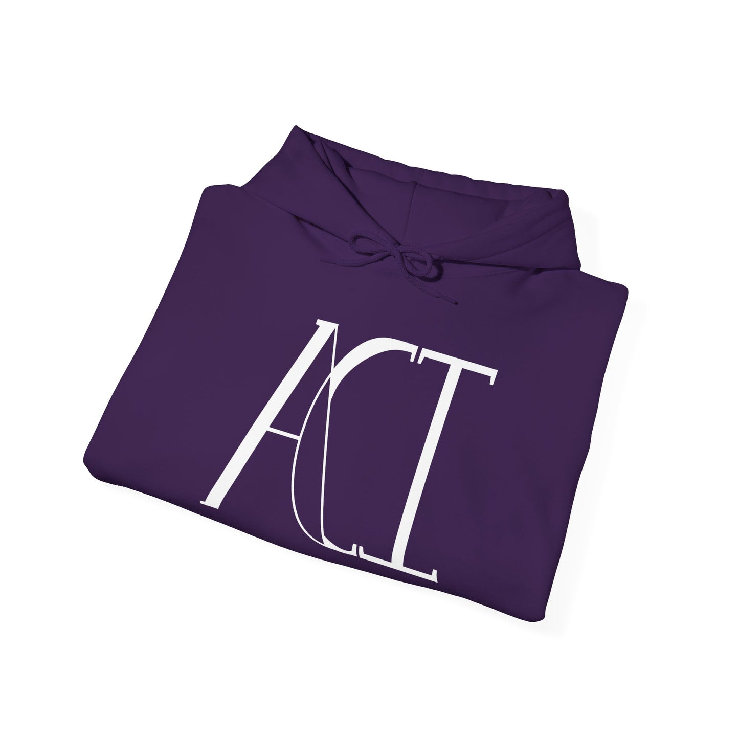 This is a purple ACI hoodie that has been folded. It shows the ACI logo printed in white on the front of the hoodie. The drawcord matches the color of the hoodie.