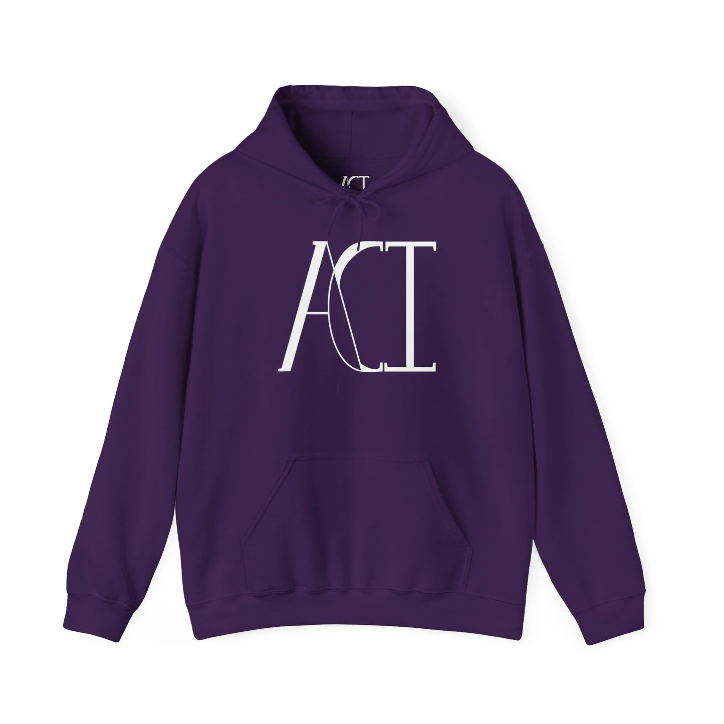 This is a purple ACI hoodie that showcases the ACI logo printed in white near the top middle of the hoodie. It is a full picture of the front with the color-matched drawcord. The size label is printed on rather than a tag with the ACI logo also in white. There is stitching by the wrists and waist areas. Also, a large pocket to place your arms in.
