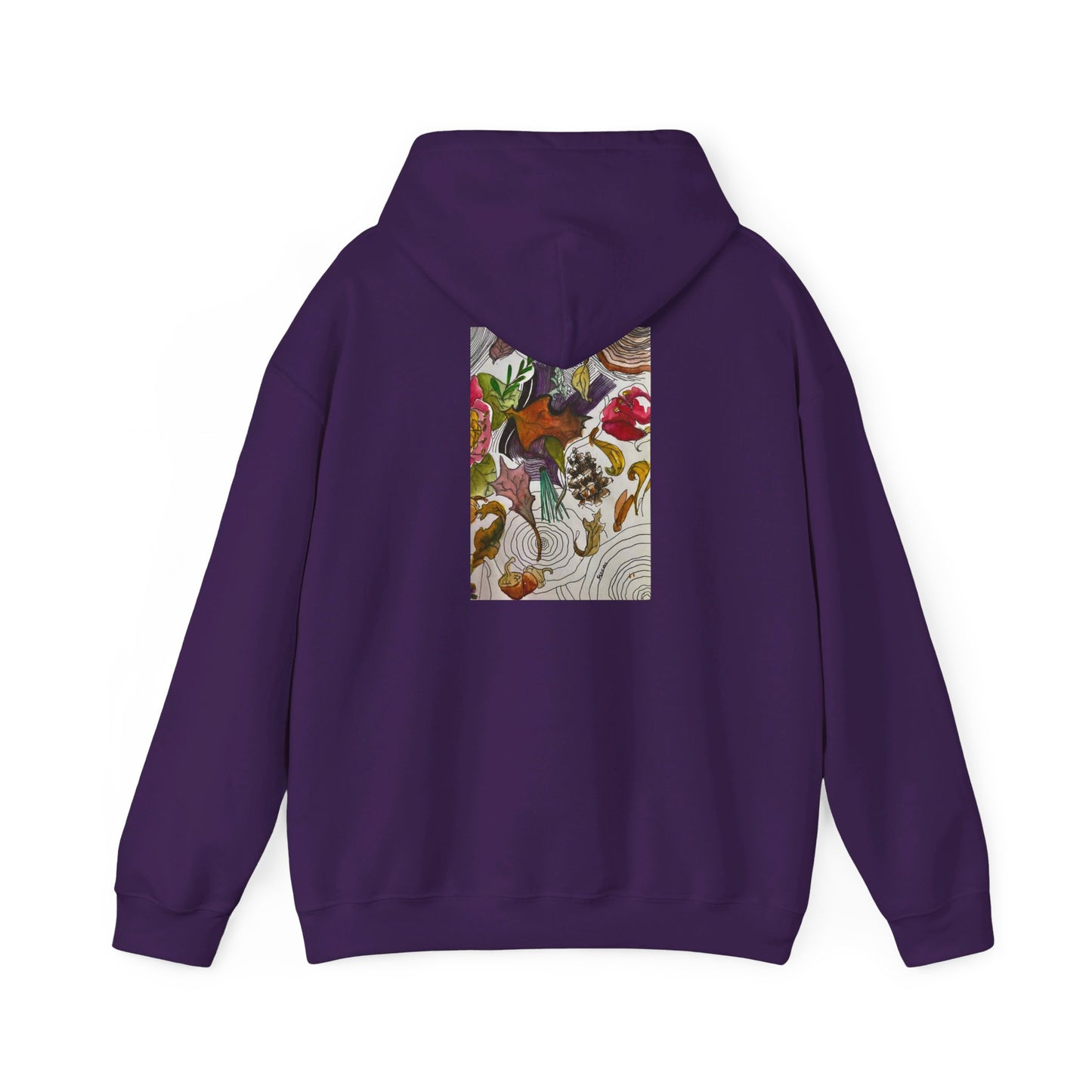 This is the Purple Fall is falling Heavy Blend Hooded Sweatshirt by Storm Garden Studio. It comes in sizes S-5XL. The image is from the back with the hood down. The drawstring is color matched. The illustration is within a rectangle starting from the upper back to mid back. There are various conifers like leaves,pine cones,etc. There are also some flowers and a tree trunk ring.The colors are red, yellow, dark brown, purples, and green. It is against from a white background.