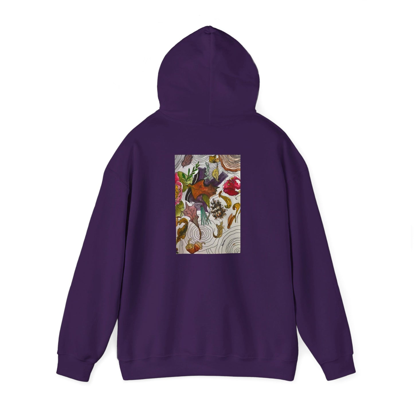 This is the Purple Fall is falling Heavy Blend Hooded Sweatshirt by Storm Garden Studio. It comes in sizes S-5XL. The image is from the back with the hood up to show the shoulder area. The drawstring is color matched. The illustration is within a rectangle starting from the upper back to mid back. There are various conifers like leaves,pine cones,etc. There are also some flowers and a tree trunk ring.The colors are red, yellow, dark brown, purples, and green. It is against from a white background.