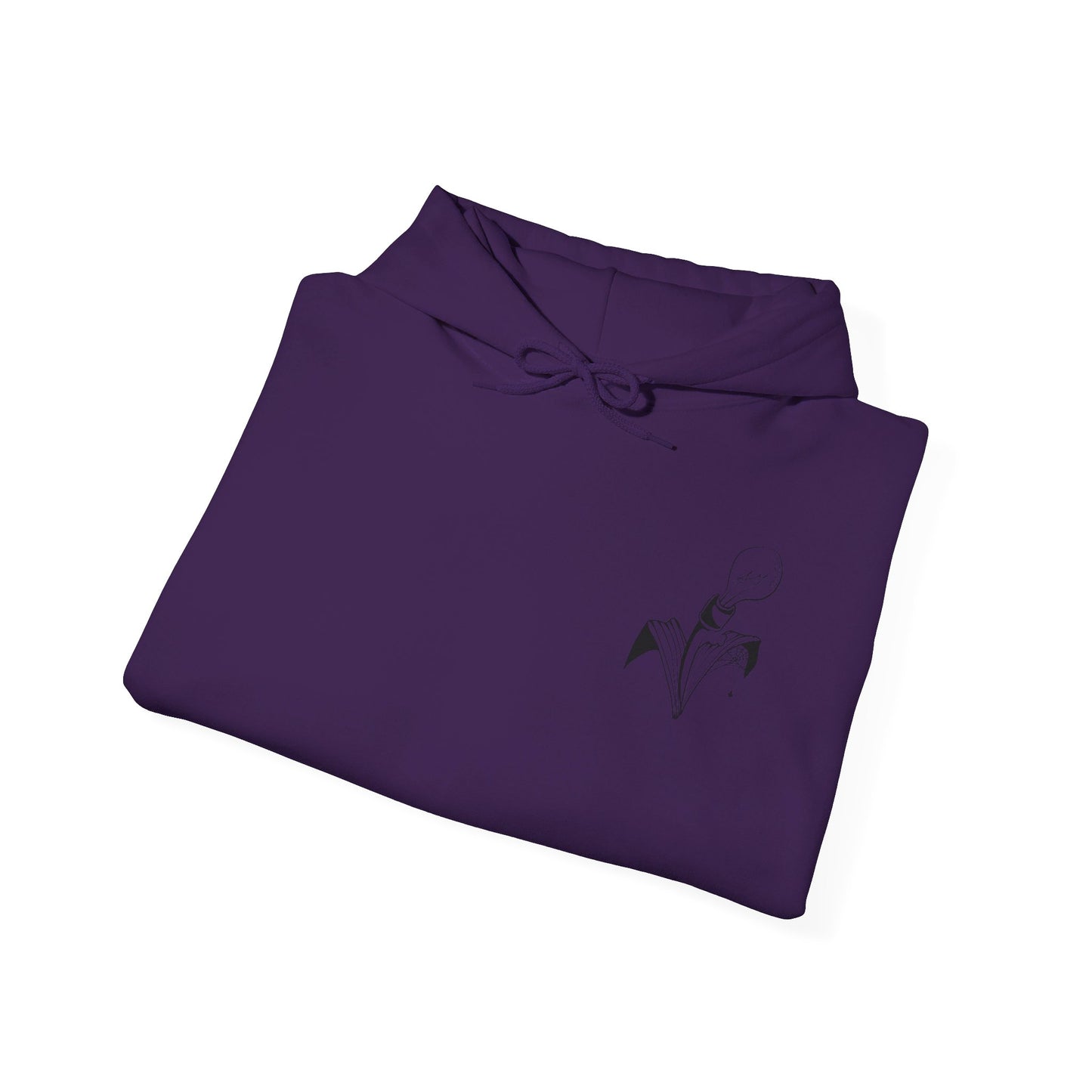 This is the Purple Fall is falling Heavy Blend Hooded Sweatshirt by Storm Garden Studio. It comes in sizes S-5XL. The image is the sweatshirt folded from the front. The drawstring is color matched and has Storm Garden Studio logo printed in black on the left breast area. It is against a white background.