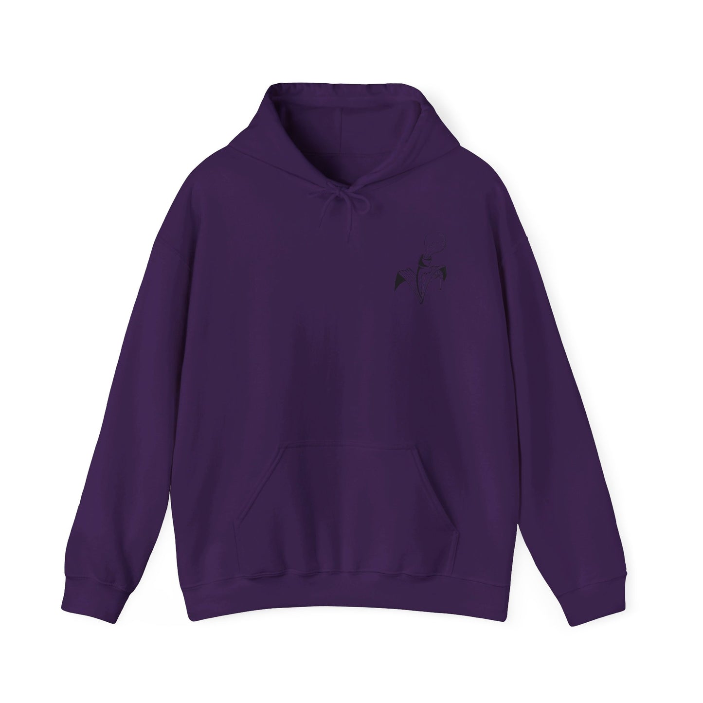 This is the Purple Fall is falling Heavy Blend Hooded Sweatshirt by Storm Garden Studio. It comes in sizes S-5XL. The image is the sweatshirt from the front. The drawstring is color matched and has Storm Garden Studio logo printed in black on the left breast area. There is a large kangaroo pocket and is hemmed on sleeves/end of sweater. It is against a white background.