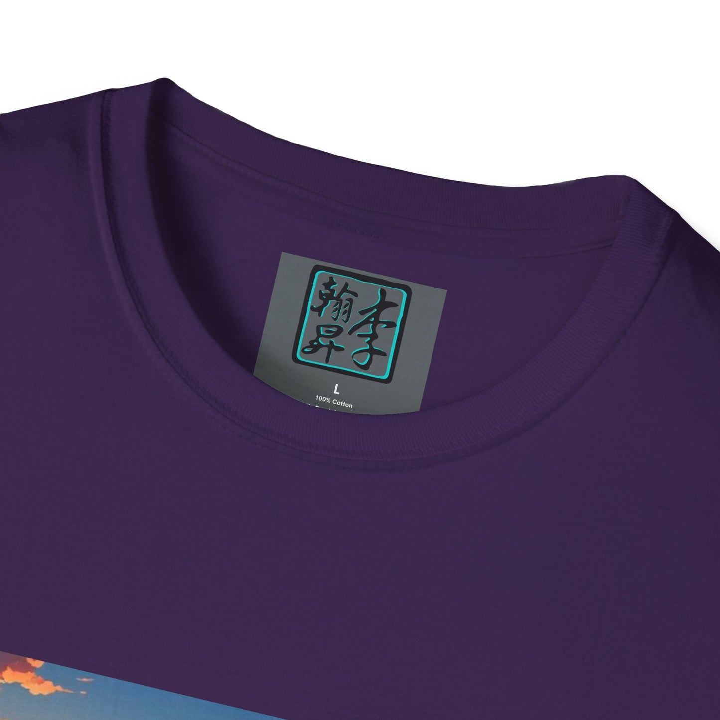 This is the Purple Temple of Peace Softstyle T-Shirt by Lee Hansheng Studios. It comes in sizes XS-5XL. This is an image of the t-shirt from the front but close up to the tag that is inside the shirt. There is the Lee Hansheng Studios logo printed in black and outlined in teal. The sizes are printed in white. This is all on a gray label. The shirt is against a white background.