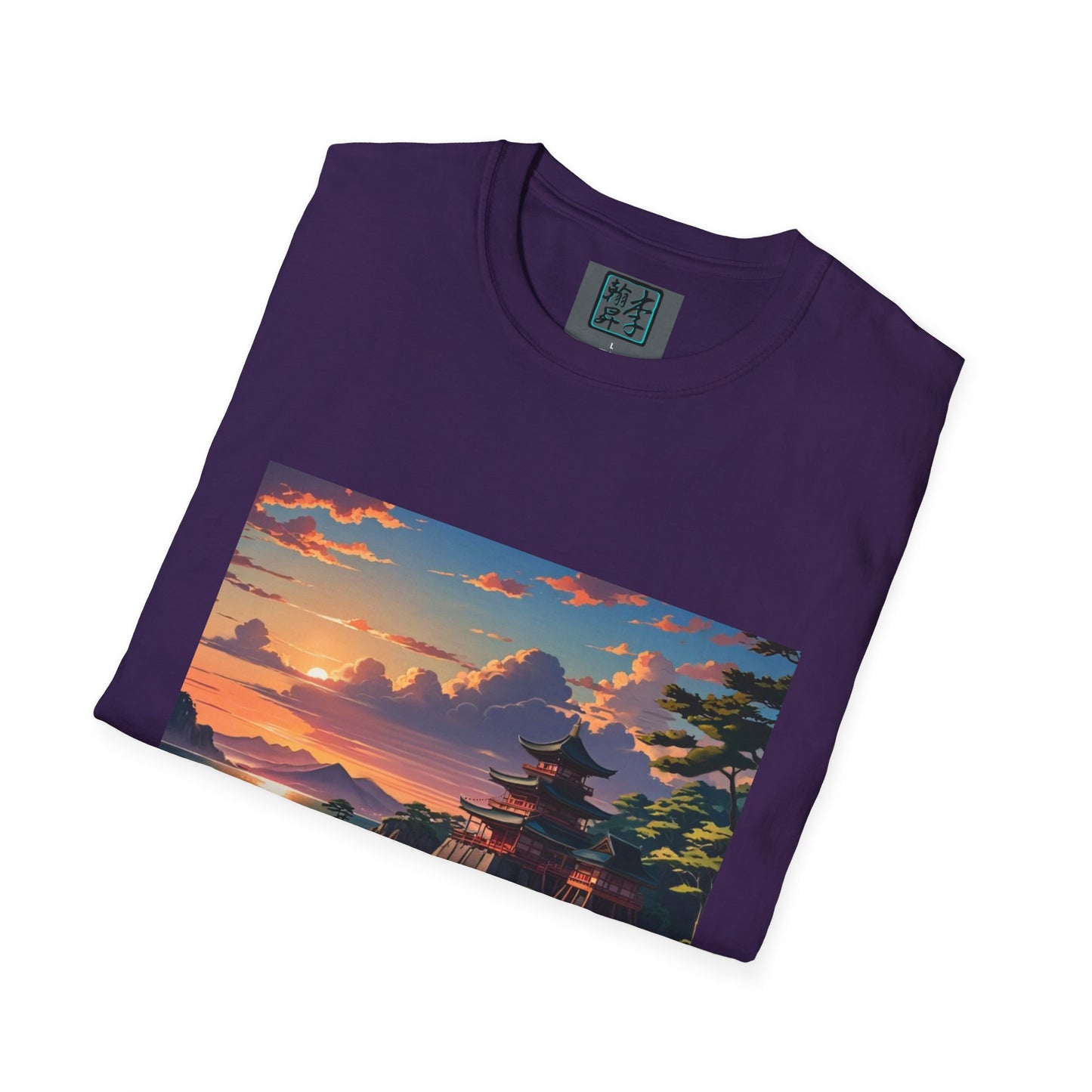 This is the Purple Temple of Peace Softstyle T-Shirt by Lee Hansheng Studios. It comes in sizes S-5XL. This is an image of the shirt from the front and folded. On the inside of the shirt there is the studio's logo. The illustration shows the top of the landscape. There is a setting red/orange sun above clouds, one blue roof,brown/red walled temples on the right thre are some trees and mountains in the background scenery. The t-shirt is against a white background.