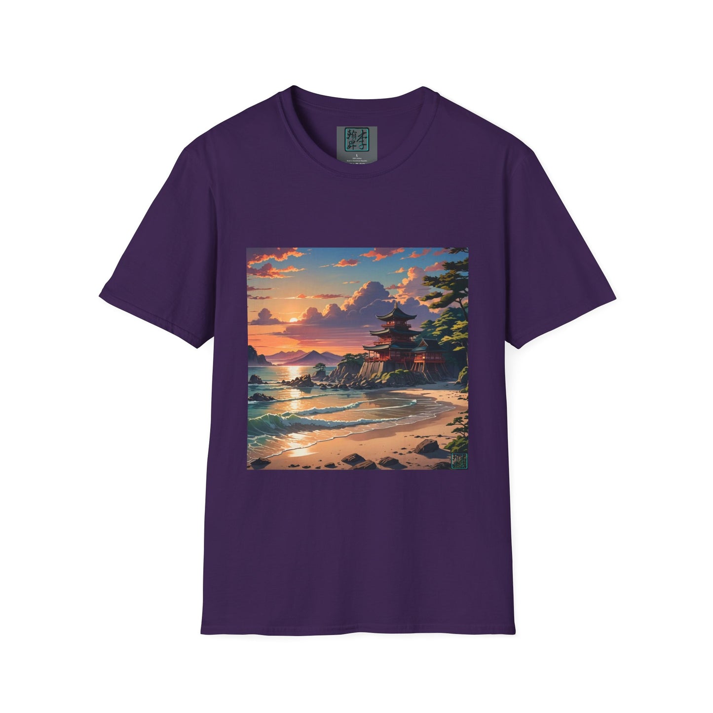 This is the Purple Temple of Peace Softstyle T-Shirt by Lee Hansheng Studios. It comes in sizes S-5XL. This is an image of the shirt from the front. On the inside of the shirt there is the studio's logo. The illustration shows a setting red/orange sun above clouds,two blue roof,brown/red walled temples on the right on top of the hills,mountains,blue/white waves into sand and a forest to the right.On the bottom right corner is the logo printed in black for the studio and outlined in blue.