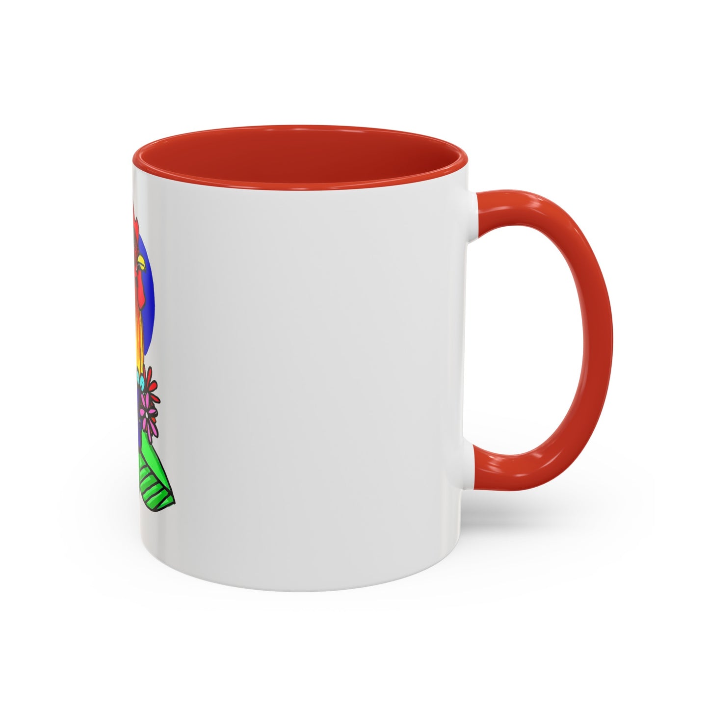 This it the Red 11 oz Cock Accent Coffee Mug by Storm Garden Studio. This image showcases the back of the mug with the handle to the right. The handles are color matched. A bit of the illustration can be seen from the right with a bright green, orange and blue. It is against a white background.