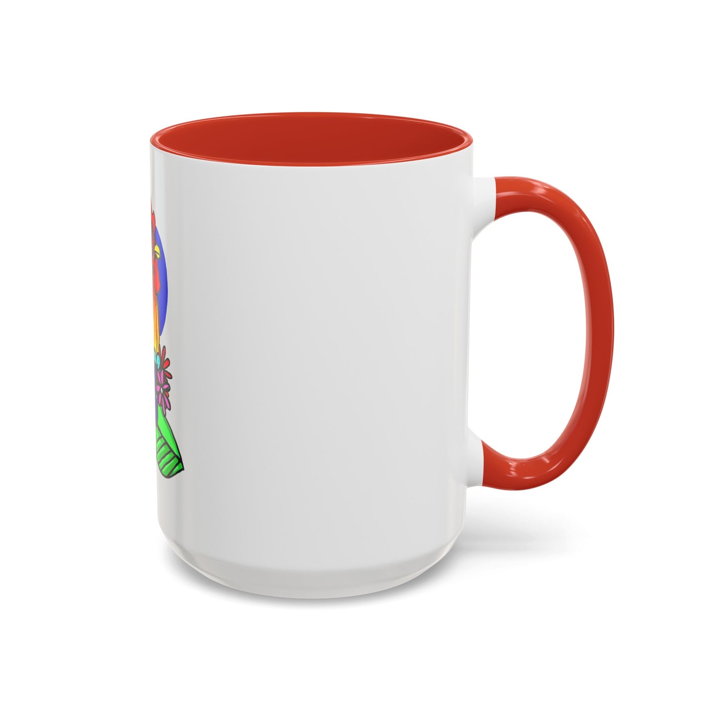 This it the Red 15 oz Cock Accent Coffee Mug by Storm Garden Studio. This image showcases the back of the mug with the handle to the right. The handles are color matched. A bit of the illustration can be seen from the right with a bright green, orange and blue. It is against a white background.