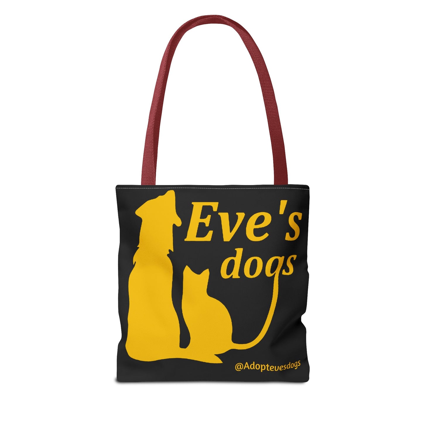 This is the Red 13" x 13" Adopt Eve's Dog Tote Bag. This is the front image of the tote. The handles are red. The top of the tote is hemmed in yellow. The tote is all over black with the image of a dog, cat, "Eve's Dogs" and "@Adoptevesdogs" in yellow. The tote is against an all white background.