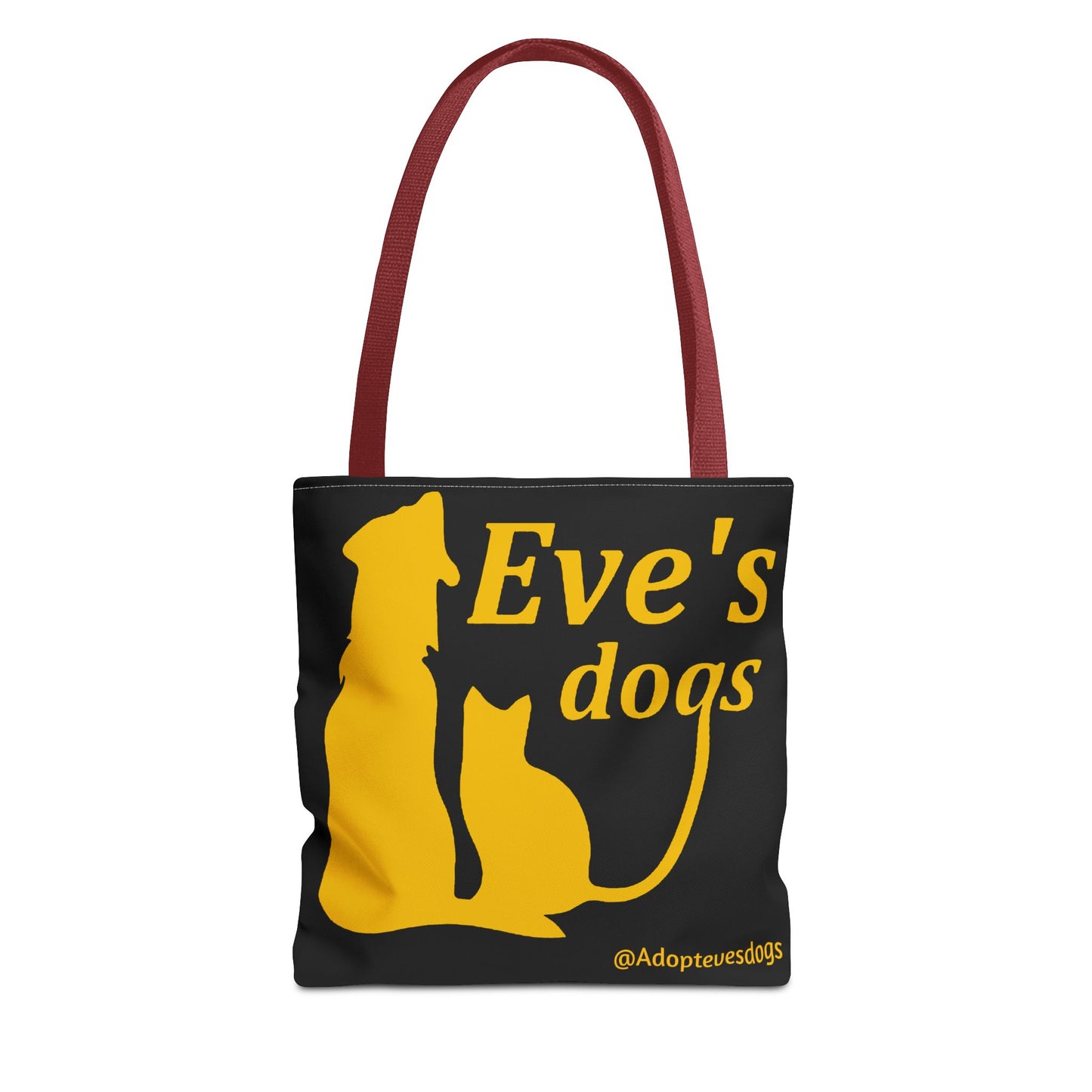 This is the Red 13" x 13" Adopt Eve's Dog Tote Bag. This is the front image of the tote. The handles are red. The top of the tote is hemmed in yellow. The tote is all over black with the image of a dog, cat, "Eve's Dogs" and "@Adoptevesdogs" in yellow. The tote is against an all white background.