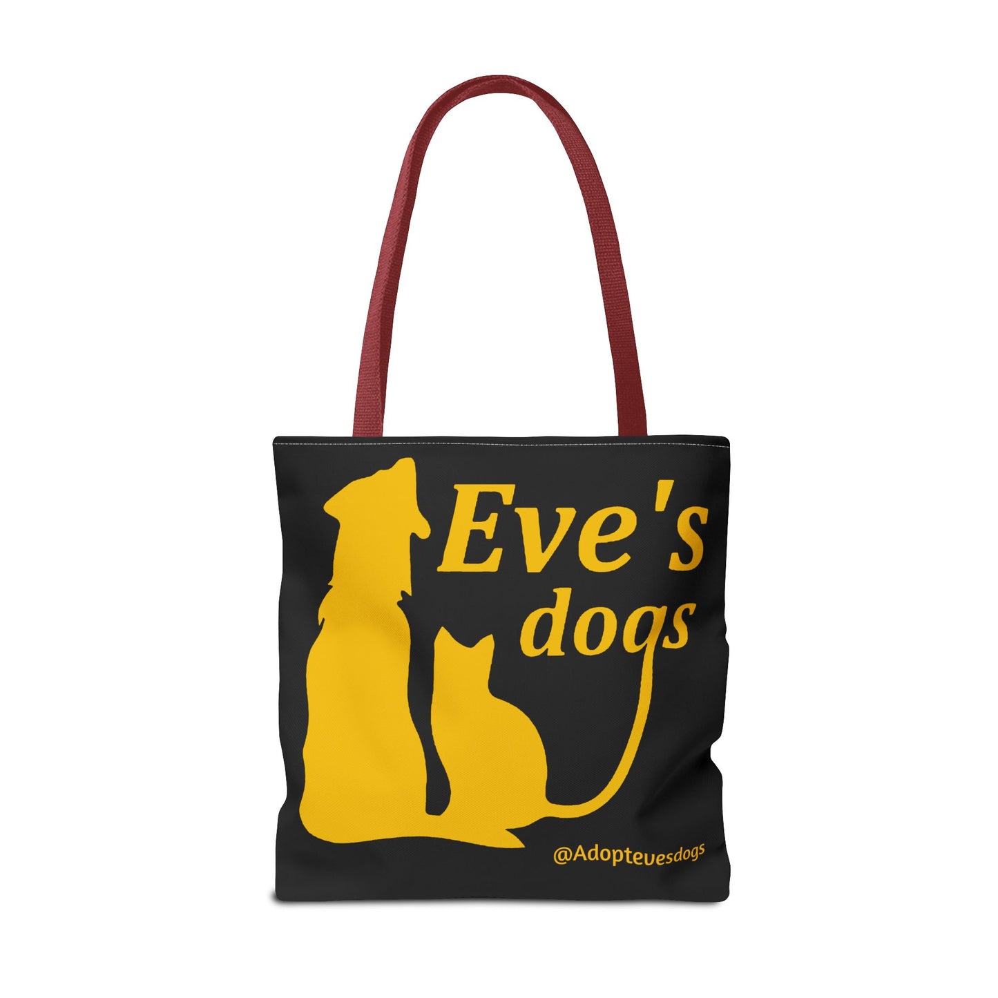 This is the Red 18" x 18" Adopt Eve's Dog Tote Bag. This is the front image of the tote. The handles are red. The top of the tote is hemmed in yellow. The tote is all over black with the image of a dog, cat, "Eve's Dogs" and "@Adoptevesdogs" in yellow. The tote is against an all white background.
