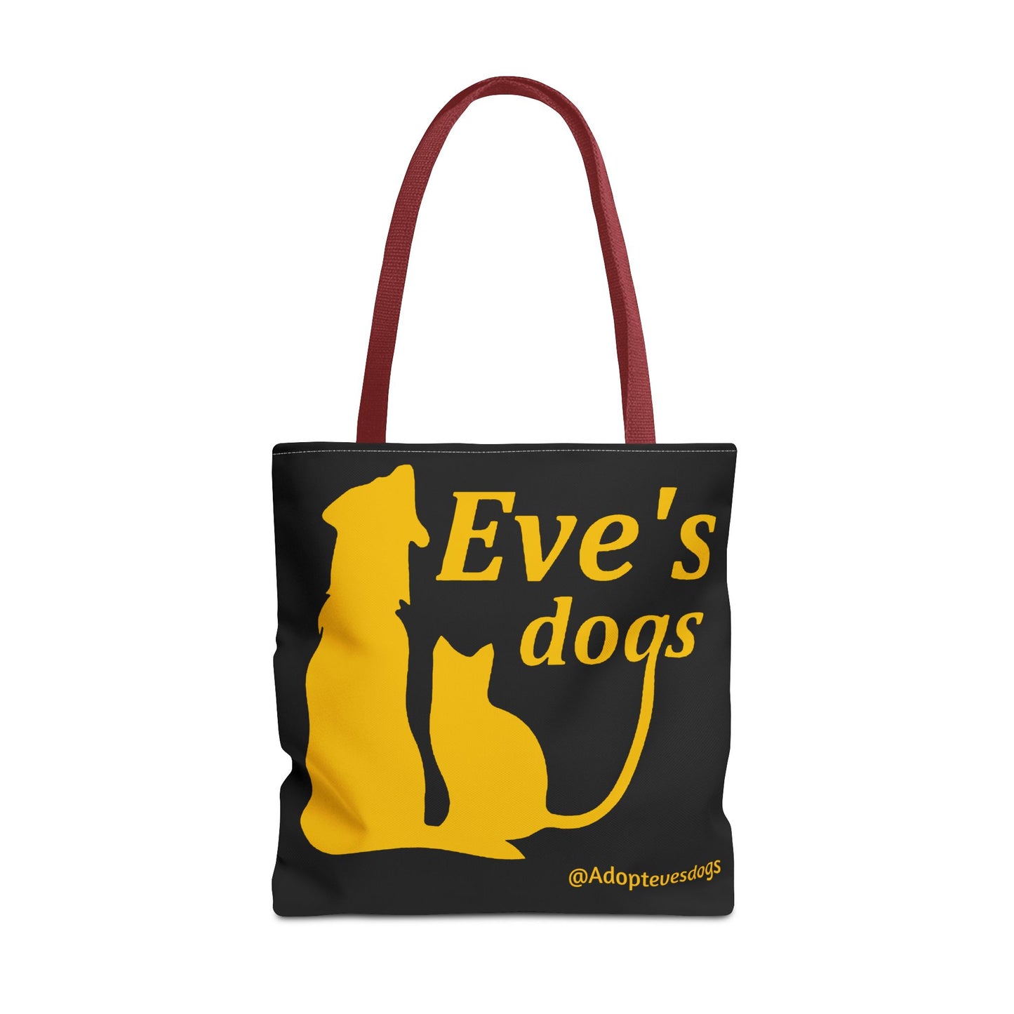 This is the Red 18" x 18" Adopt Eve's Dog Tote Bag. This is the front image of the tote. The handles are red. The top of the tote is hemmed in yellow. The tote is all over black with the image of a dog, cat, "Eve's Dogs" and "@Adoptevesdogs" in yellow. The tote is against an all white background.