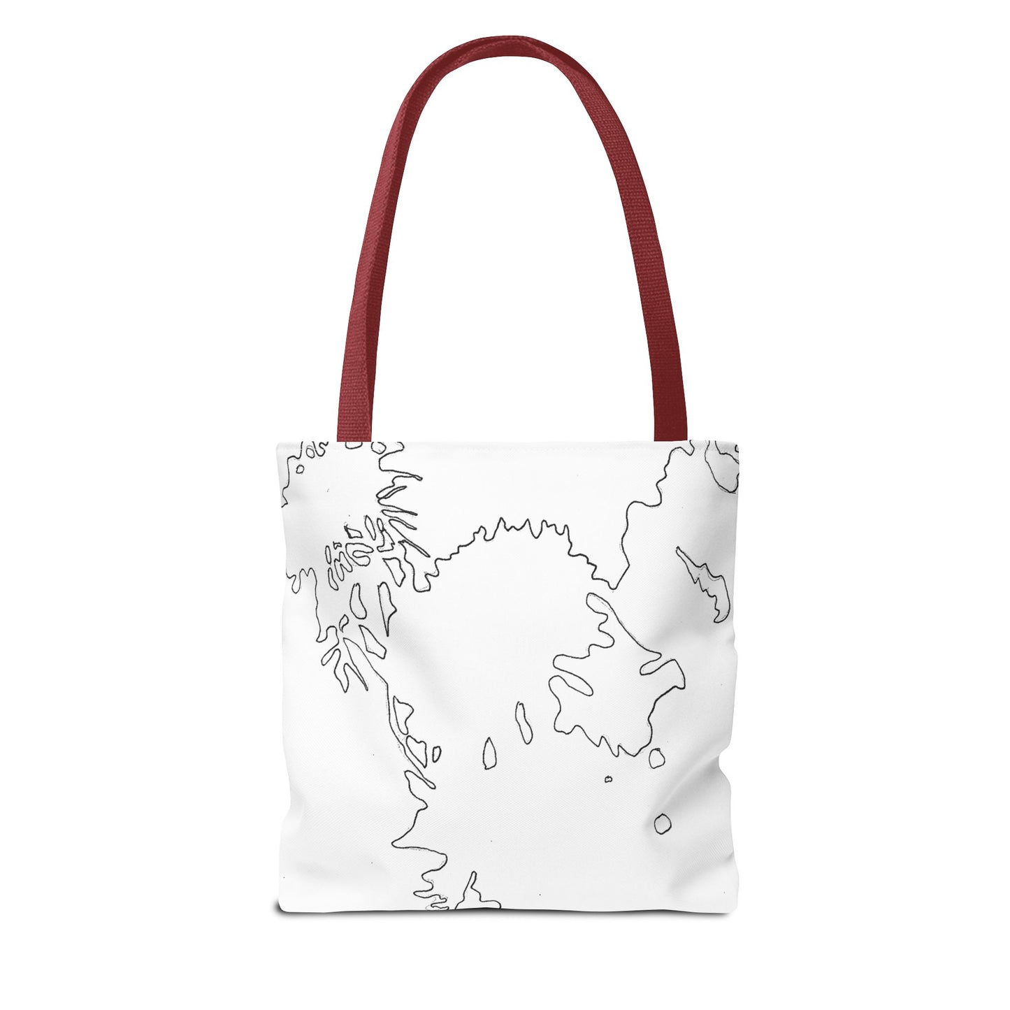 This is the Red 13" x 13" Flowers Tote Bag by Storm Garden Studio. The tote has color matched straps, abstract line work which is outlines of flowers, all over print. The colors are white and black. The tote is against a white background.