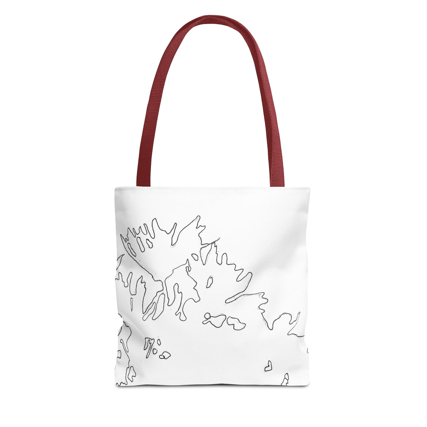 This is the Red 13" x 13" Flowers Tote Bag by Storm Garden Studio. The tote has color matched straps, abstract line work which is outlines of flowers, all over print. The colors are white and black. The tote is against a white background.