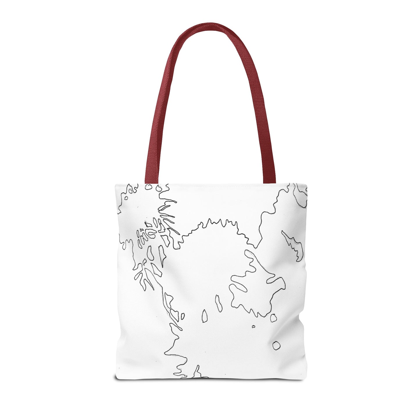 This is the Red 16" x 16" Flowers Tote Bag by Storm Garden Studio. The tote has color matched straps, abstract line work which is outlines of flowers, all over print. The colors are white and black. The tote is against a white background.