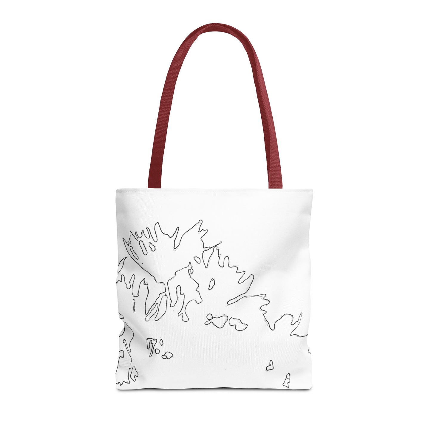 This is the Red 16" x 16" Flowers Tote Bag by Storm Garden Studio. The tote has color matched straps, abstract line work which is outlines of flowers, all over print. The colors are white and black. The tote is against a white background.