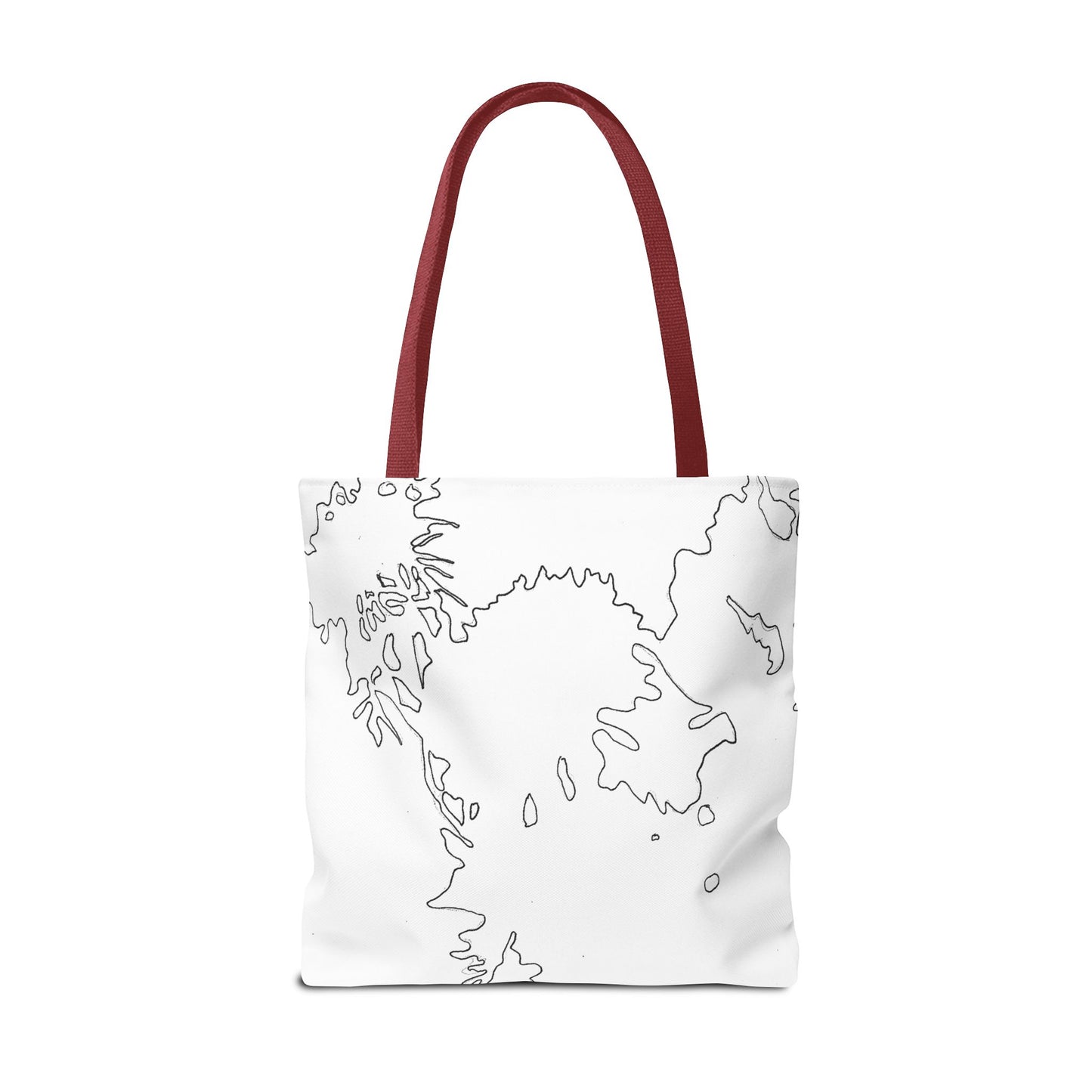 This is the Red 18" x 18" Flowers Tote Bag by Storm Garden Studio. The tote has color matched straps, abstract line work which is outlines of flowers, all over print. The colors are white and black. The tote is against a white background.