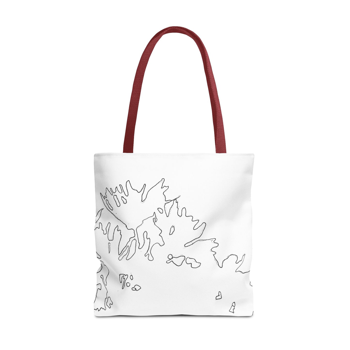 This is the Red 18" x 18" Flowers Tote Bag by Storm Garden Studio. The tote has color matched straps, abstract line work which is outlines of flowers, all over print. The colors are white and black. The tote is against a white background.