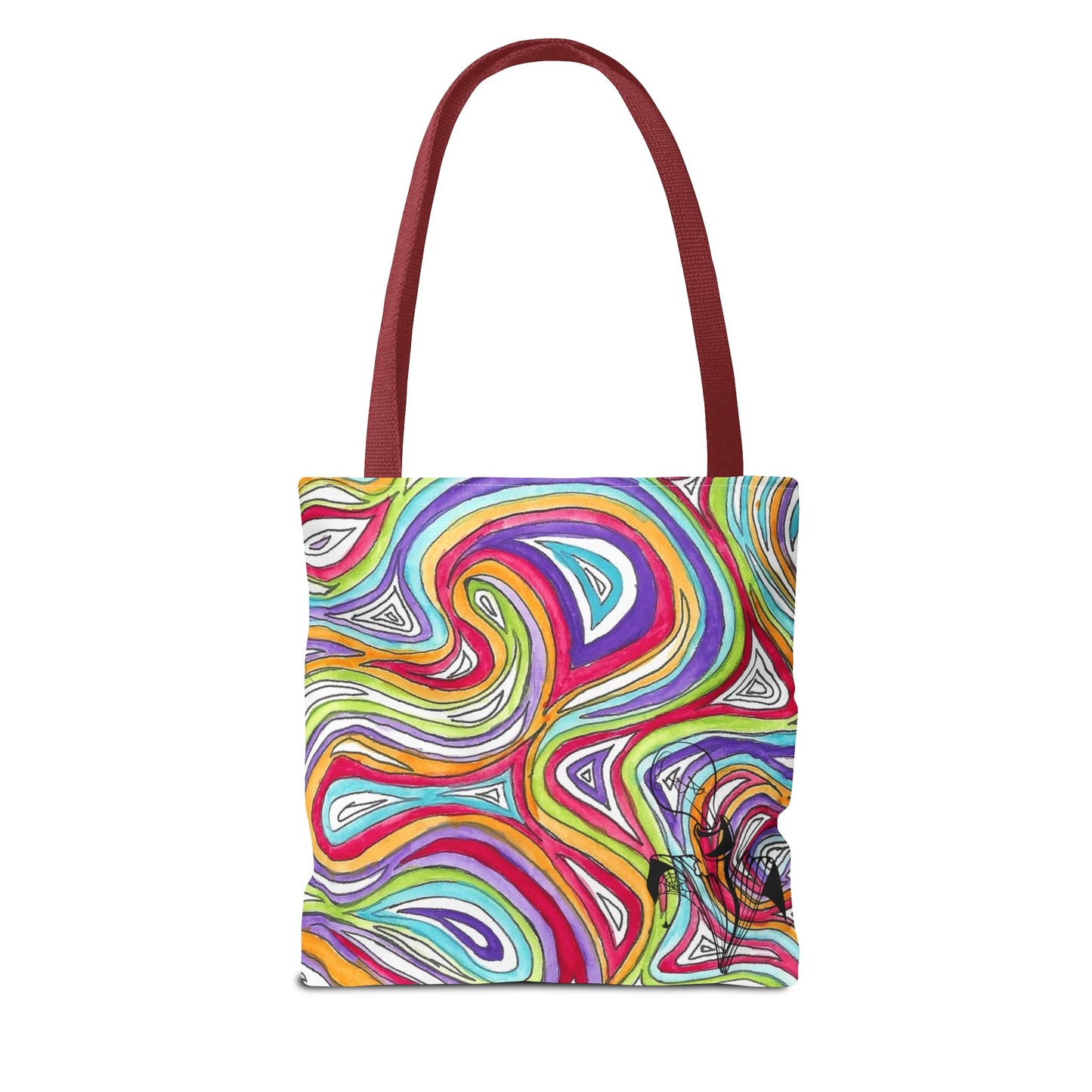 This is the Red 13" x 13" Oil Spill Tote Bag by Storm Garden Studio. The tote has color matched straps, abstract colors and line work, all over print. The colors are lime green, orange, light blue, dark red, purple, white and black. Storm Garden Studio logo printed in black on bottom right of tote bag. The tote is against a white background.