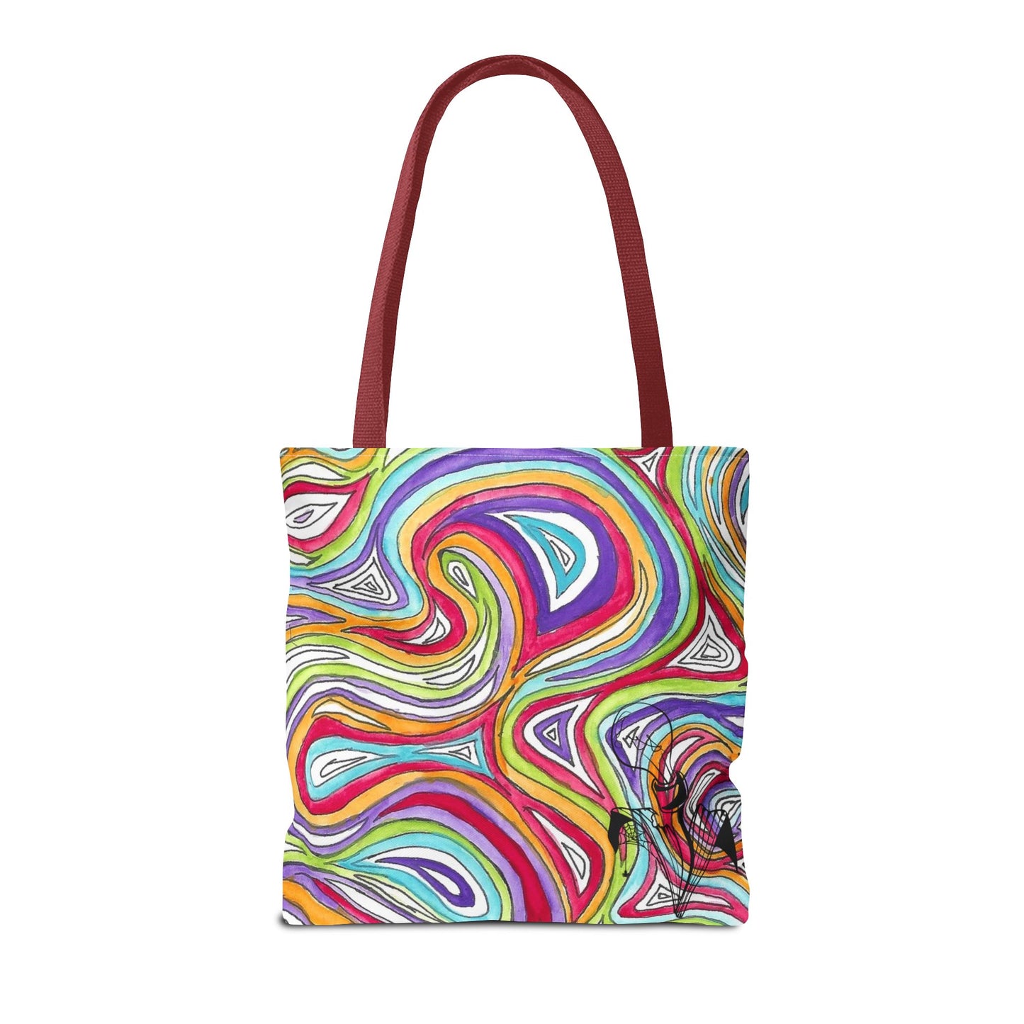 This is the Red 16" x 16" Oil Spill Tote Bag by Storm Garden Studio. The tote has color matched straps, abstract colors and line work, all over print. The colors are lime green, orange, light blue, dark red, purple, white and black. Storm Garden Studio logo printed in black on bottom right of tote bag. The tote is against a white background.