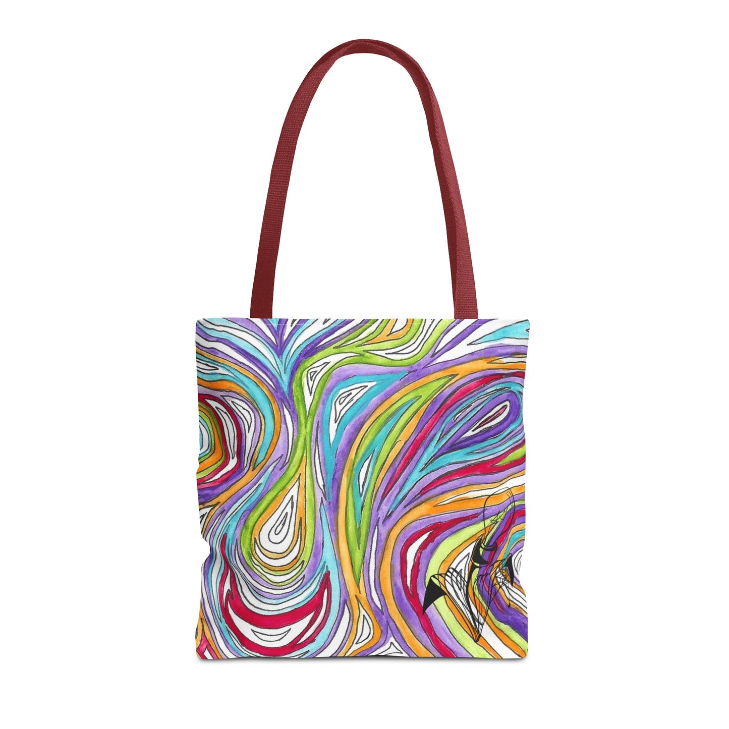 This is the Red 16" x 16" Oil Spill Tote Bag by Storm Garden Studio. The tote has color matched straps, abstract colors and line work, all over print. The colors are lime green, orange, light blue, dark red, purple, white and black. Storm Garden Studio logo printed in black on bottom right of tote bag. The tote is against a white background.