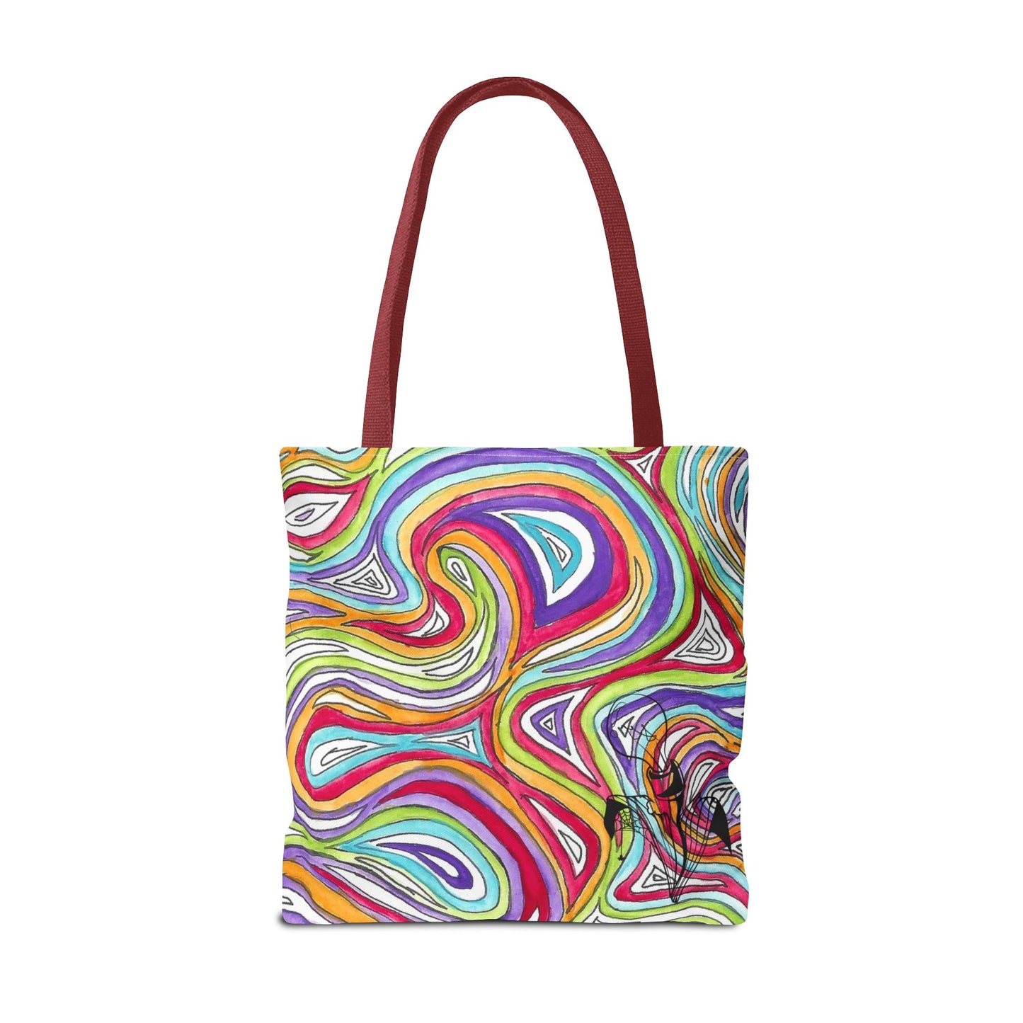 This is the Red 18" x 18" Oil Spill Tote Bag by Storm Garden Studio. The tote has color matched straps, abstract colors and line work, all over print. The colors are lime green, orange, light blue, dark red, purple, white and black. Storm Garden Studio logo printed in black on bottom right of tote bag. The tote is against a white background.