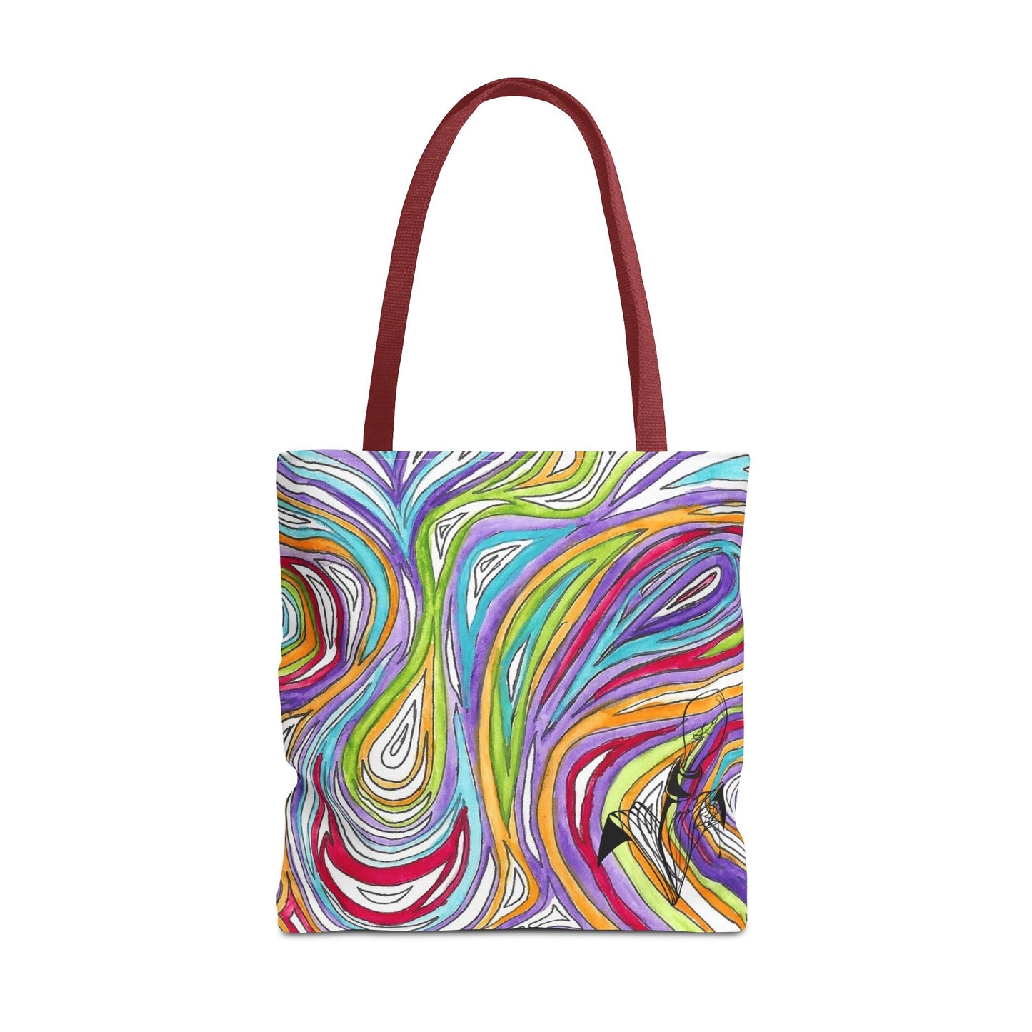 This is the Red 18" x 18" Oil Spill Tote Bag by Storm Garden Studio. The tote has color matched straps, abstract colors and line work, all over print. The colors are lime green, orange, light blue, dark red, purple, white and black. Storm Garden Studio logo printed in black on bottom right of tote bag. The tote is against a white background.
