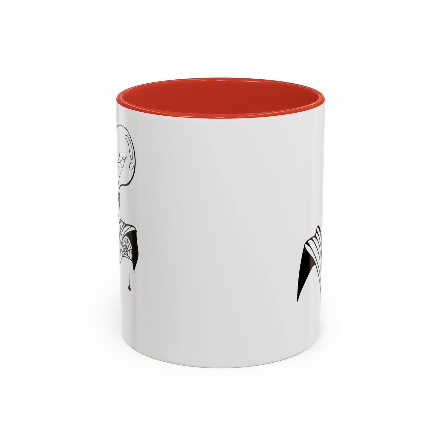 This is the Red 11oz Storm Garden Studio Accent Coffee Mug. This is an image from the front that is color matched with the inside of the mug. On the left side a little bit of the leaf and lightbulb print can be seen. On the right only a little bit of the leaf can be seen. It is against a white background.