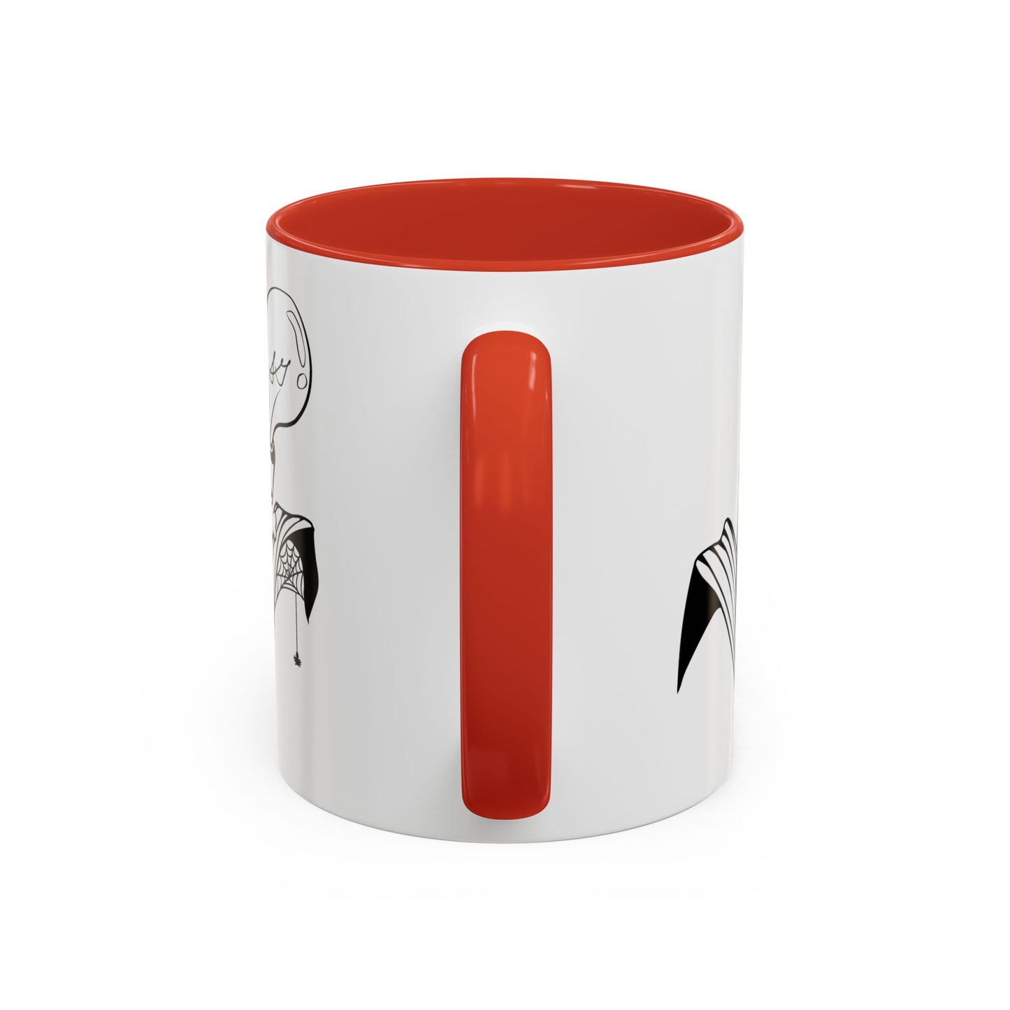 This is the Red 11oz Storm Garden Studio Accent Coffee Mug. This is an image from the handle that is color matched with the inside of the mug. On the left side a little bit of the leaf and lightbulb print can be seen. On the right only a little bit of the leaf can be seen. It is against a white background.