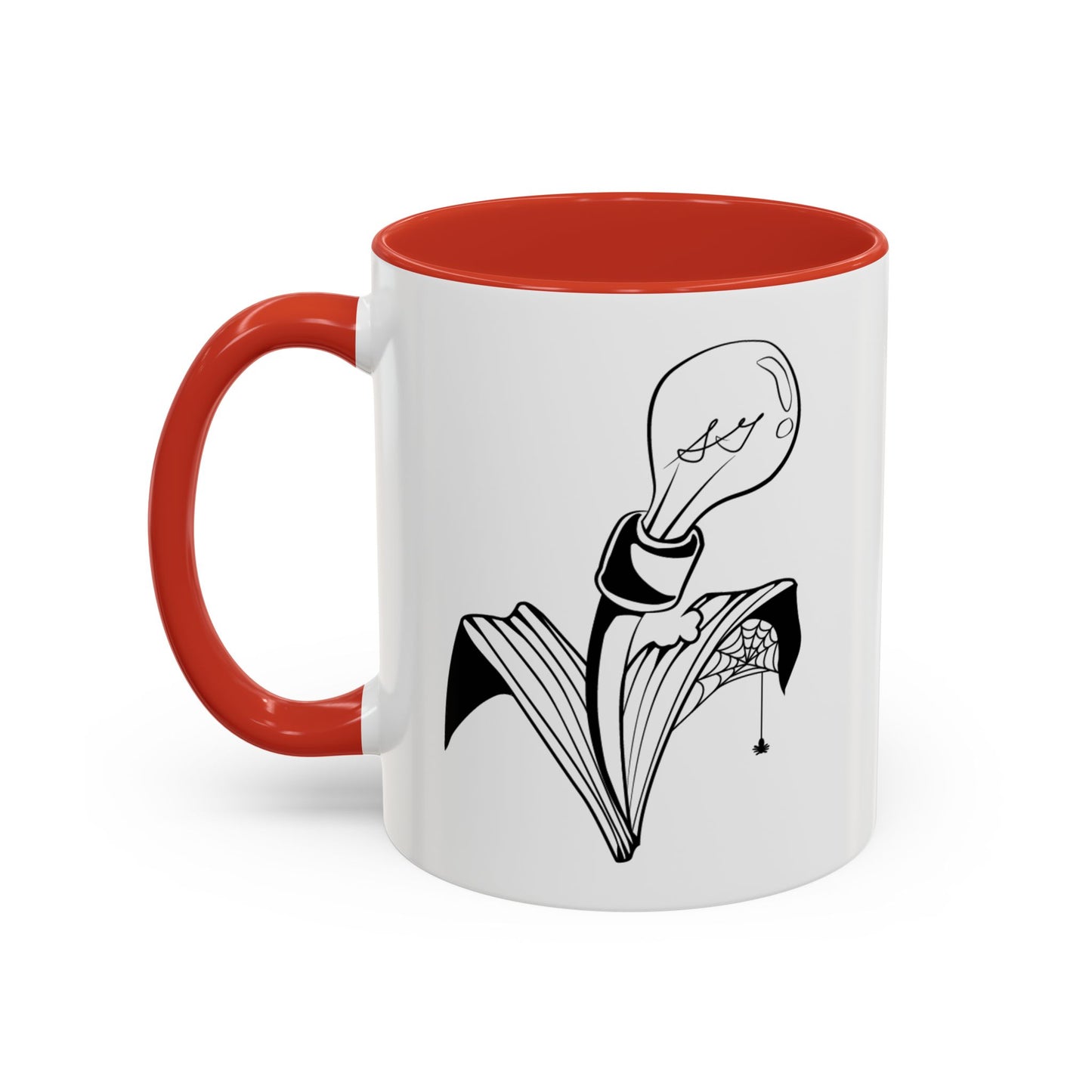 This is the Red 11oz Storm Garden Studio Accent Coffee Mug. This is an image from the front with the handle on the left. It is color matched with the inside of the mug. The Storm Garden Studio logo is printed in black and white in the middle. The logo is a lightbulb screwed onto a plant with two leaves. One leaf is bitten through, has a spiderweb and a spider. It is against a white background.