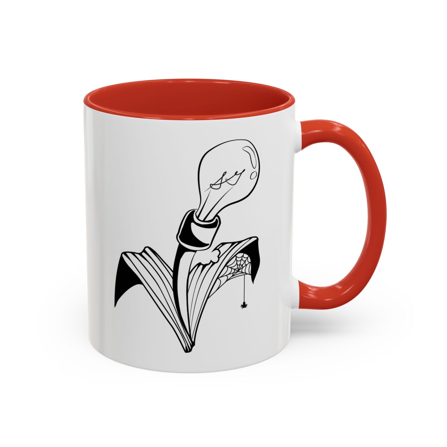 This is the Red 11oz Storm Garden Studio Accent Coffee Mug. This is an image from the front with the handle on the right. It is color matched with the inside of the mug. The Storm Garden Studio logo is printed in black and white in the middle. The logo is a lightbulb screwed onto a plant with two leaves. One leaf is bitten through, has a spiderweb and a spider. It is against a white background.