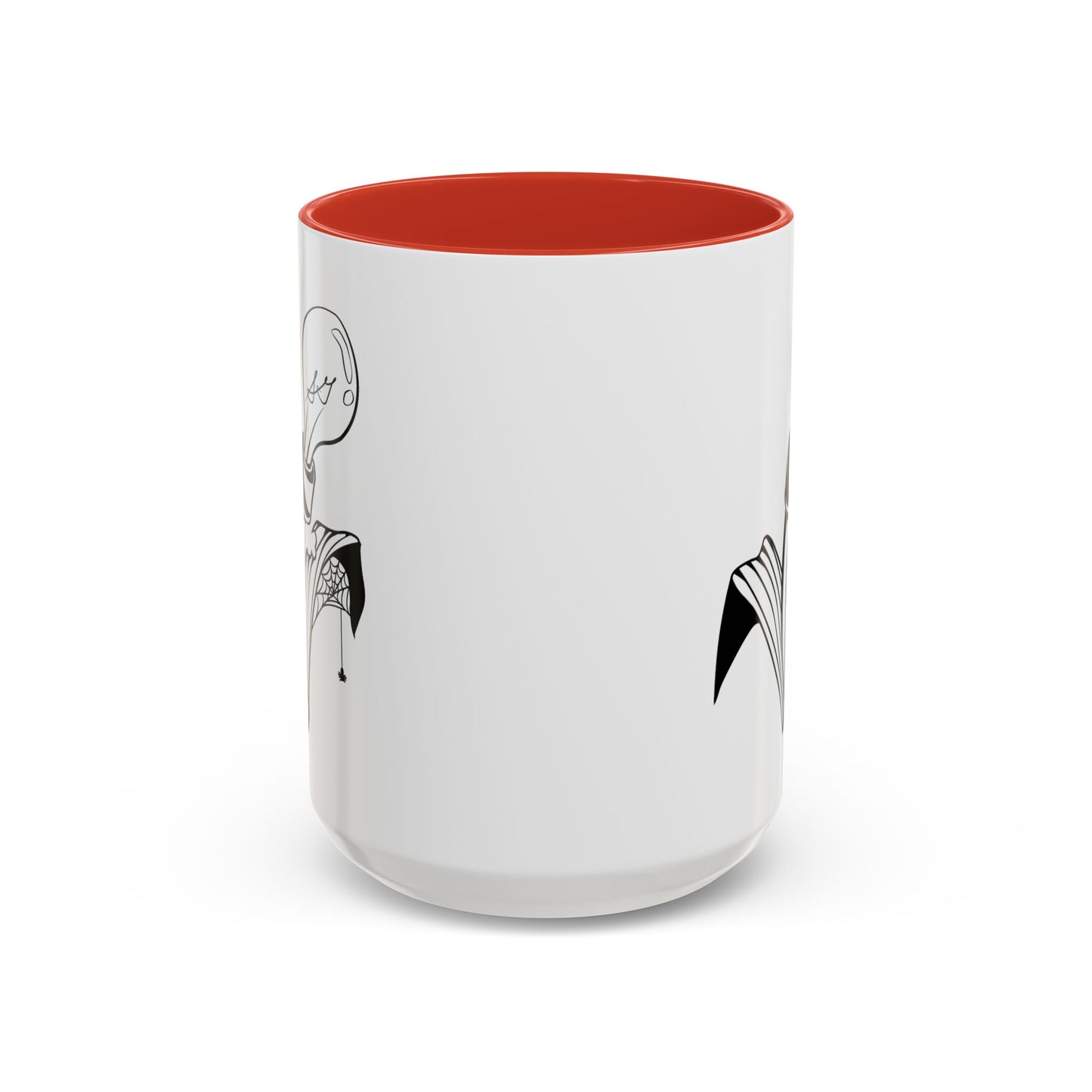 This is the Red 15oz Storm Garden Studio Accent Coffee Mug. This is an image from the front that is color matched with the inside of the mug. On the left side a little bit of the leaf and lightbulb print can be seen. On the right only a little bit of the leaf can be seen. It is against a white background.