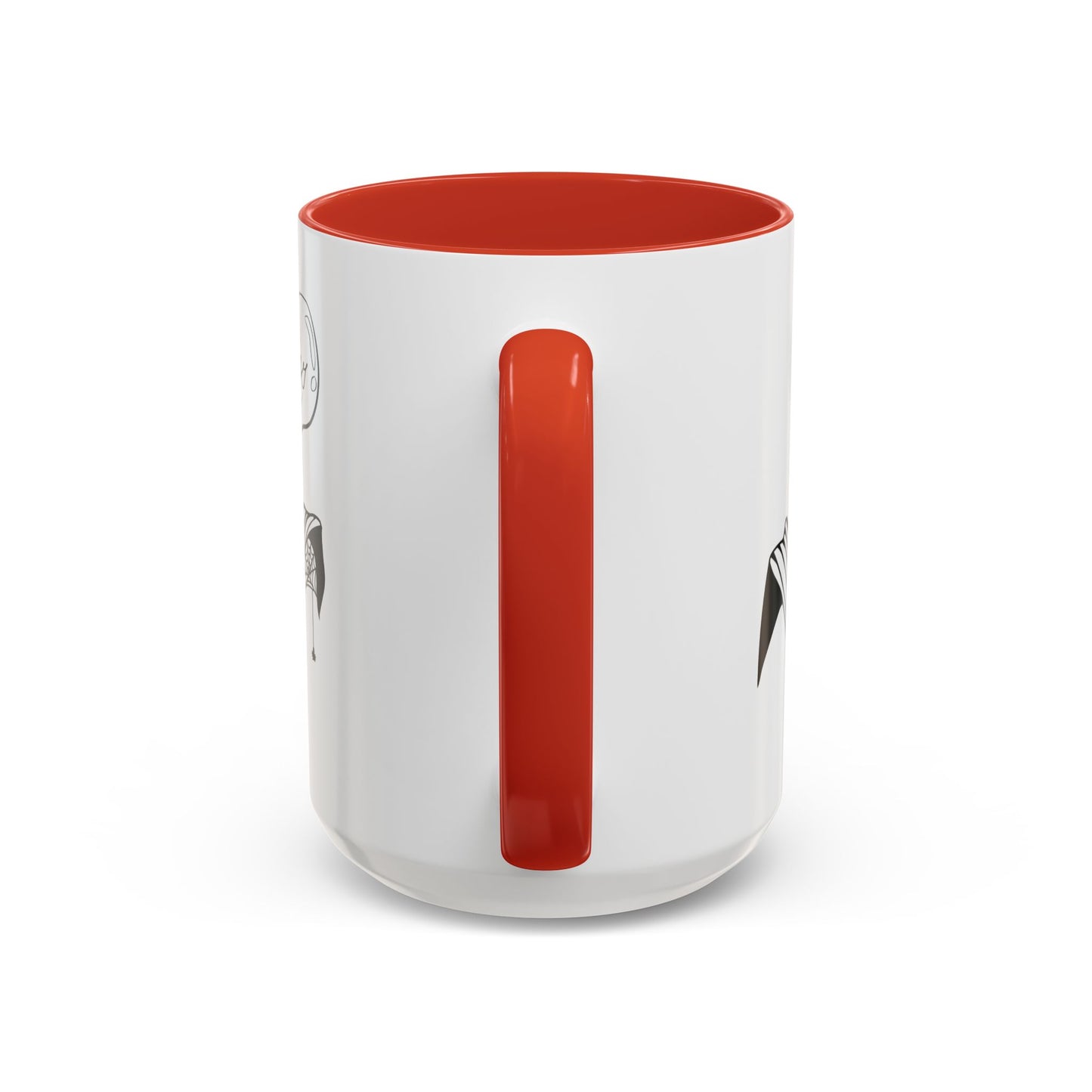 This is the Red 15oz Storm Garden Studio Accent Coffee Mug. This is an image from the handle that is color matched with the inside of the mug. On the left side a little bit of the leaf and lightbulb print can be seen. On the right only a little bit of the leaf can be seen. It is against a white background.