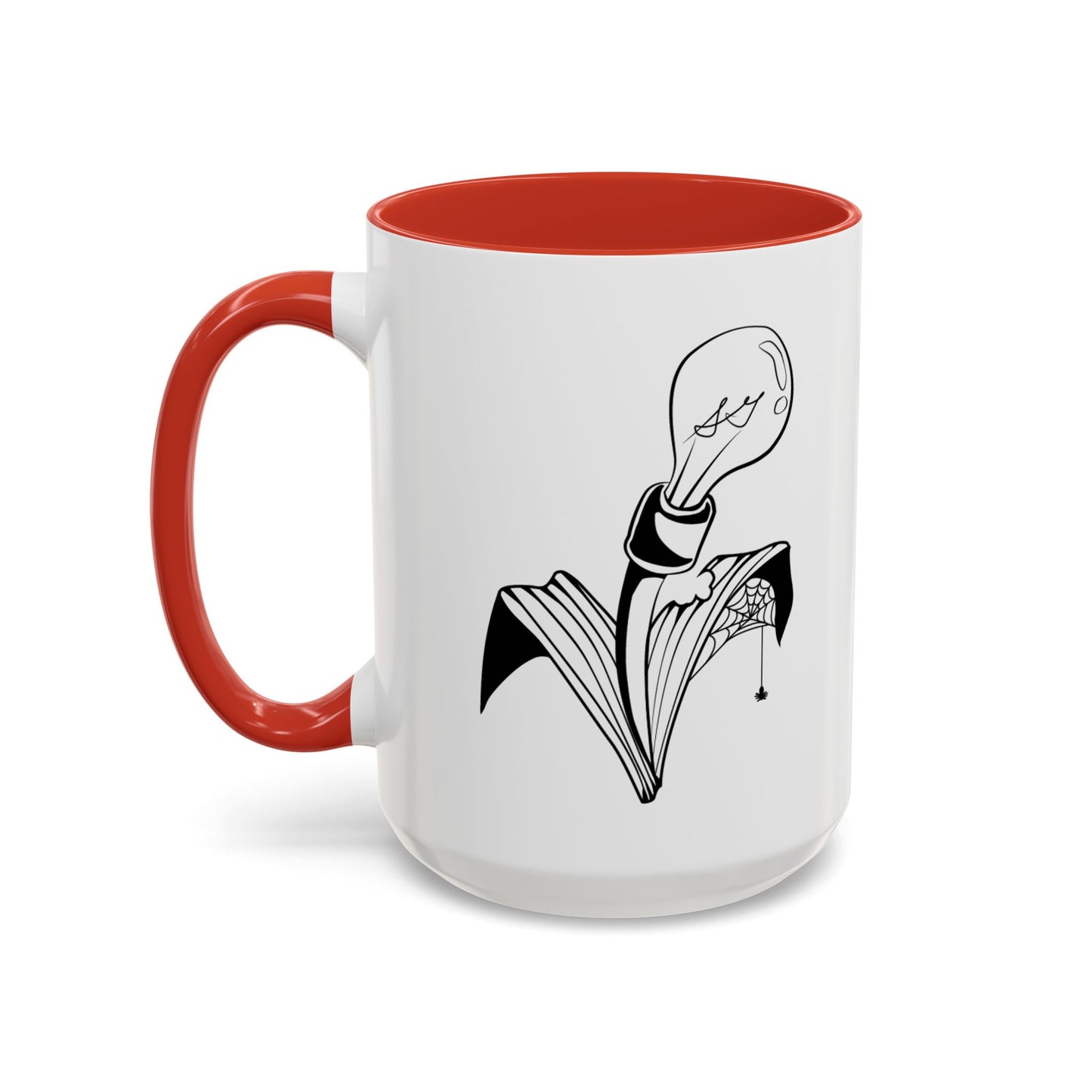 This is the Red 15oz Storm Garden Studio Accent Coffee Mug. This is an image from the front with the handle on the left. It is color matched with the inside of the mug. The Storm Garden Studio logo is printed in black and white in the middle. The logo is a lightbulb screwed onto a plant with two leaves. One leaf is bitten through, has a spiderweb and a spider. It is against a white background.