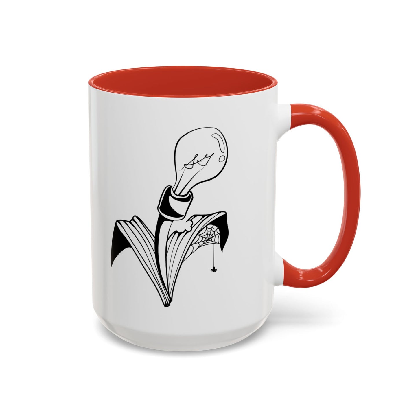 This is the Red 15oz Storm Garden Studio Accent Coffee Mug. This is an image from the front with the handle on the right. It is color matched with the inside of the mug. The Storm Garden Studio logo is printed in black and white in the middle. The logo is a lightbulb screwed onto a plant with two leaves. One leaf is bitten through, has a spiderweb and a spider. It is against a white background.