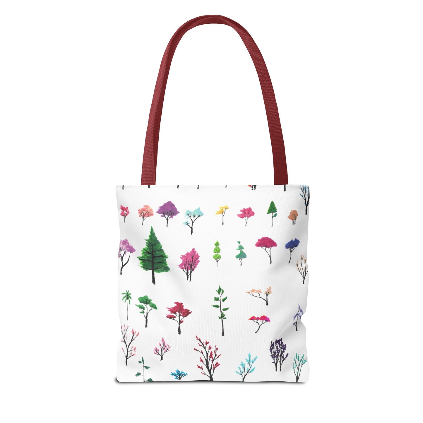 The Red 13" x 13" Study of Trees Tote with color matched handles by Lee Hansheng Studios. There are a variety of tree illustrations from blooming fruit trees to deciduous and evergreens. The trees are colored pinks, purples, greens, yellows, blues and oranges on a white background tote. The tote is also against a white background.