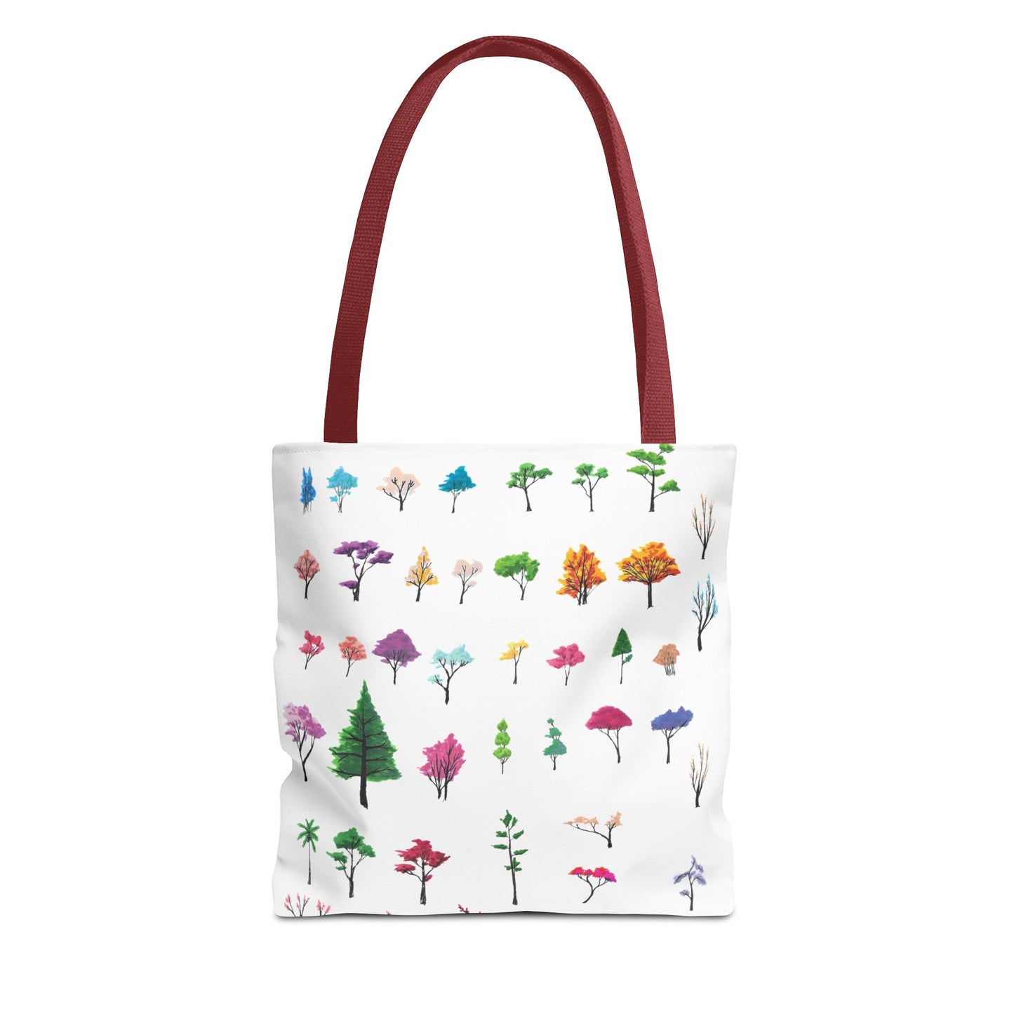 The Red 13" x 13" Study of Trees Tote with color matched handles by Lee Hansheng Studios. There are a variety of tree illustrations from blooming fruit trees to deciduous and evergreens. The trees are colored pinks, purples, greens, yellows, blues and oranges on a white background tote. The tote is also against a white background.