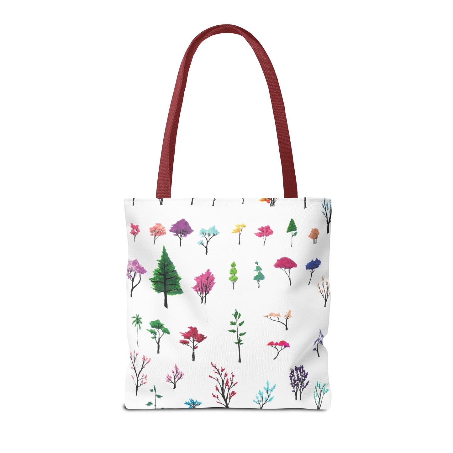 The Red 16" x 16" Study of Trees Tote with color matched handles by Lee Hansheng Studios. There are a variety of tree illustrations from blooming fruit trees to deciduous and evergreens. The trees are colored pinks, purples, greens, yellows, blues and oranges on a white background tote.