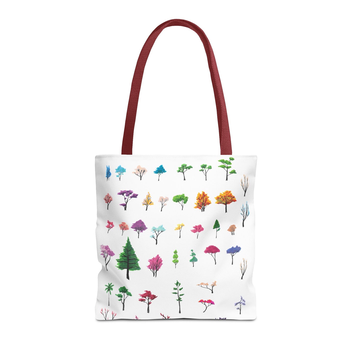 The Red 16" x 16" Study of Trees Tote with color matched handles by Lee Hansheng Studios. There are a variety of tree illustrations from blooming fruit trees to deciduous and evergreens. The trees are colored pinks, purples, greens, yellows, blues and oranges on a white background tote. The tote is also against a white background.
