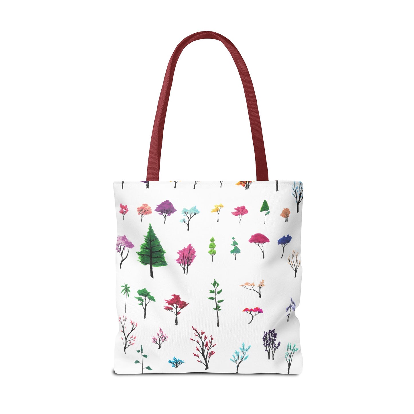 The Red 18" x 18" Study of Trees Tote with color matched handles by Lee Hansheng Studios. There are a variety of tree illustrations from blooming fruit trees to deciduous and evergreens. The trees are colored pinks, purples, greens, yellows, blues and oranges on a white background tote.