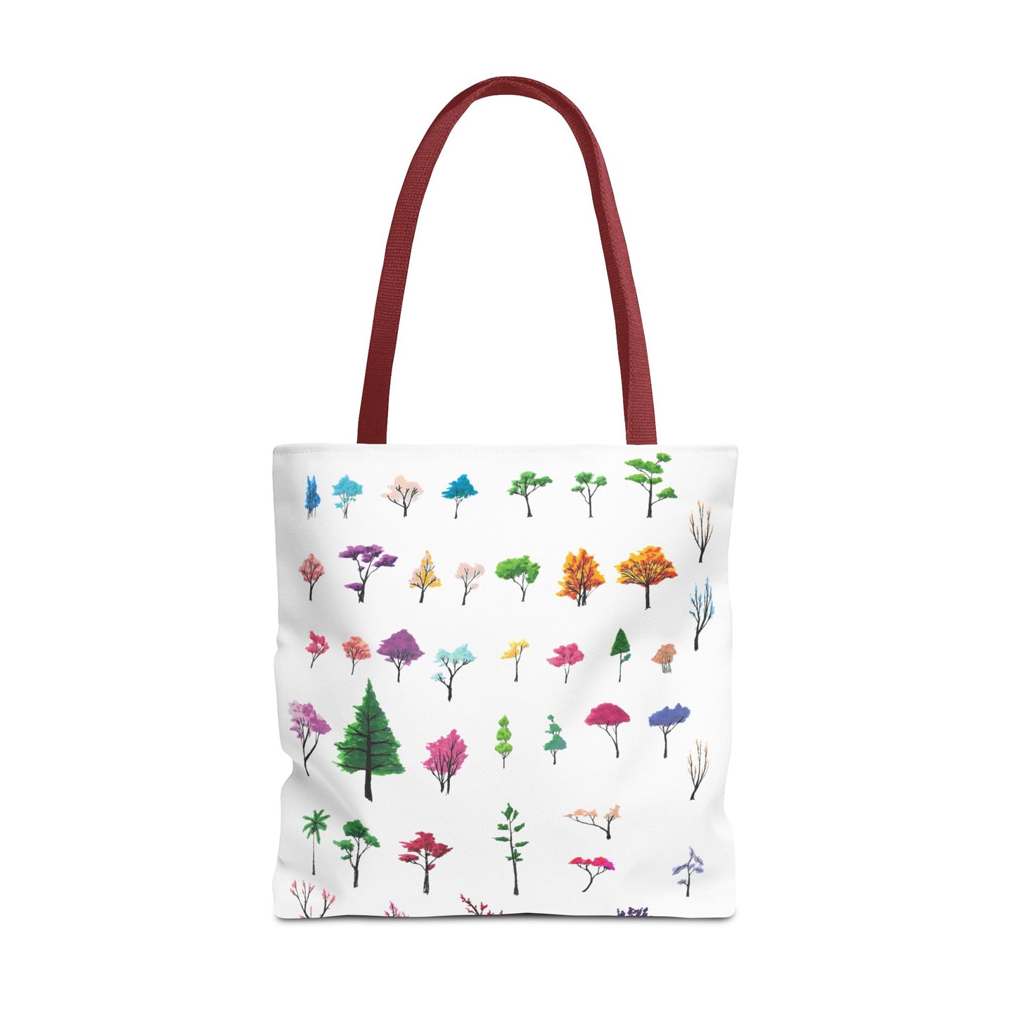 The Red 18" x 18" Study of Trees Tote with color matched handles by Lee Hansheng Studios. There are a variety of tree illustrations from blooming fruit trees to deciduous and evergreens. The trees are colored pinks, purples, greens, yellows, blues and oranges on a white background tote. The tote is also against a white background.